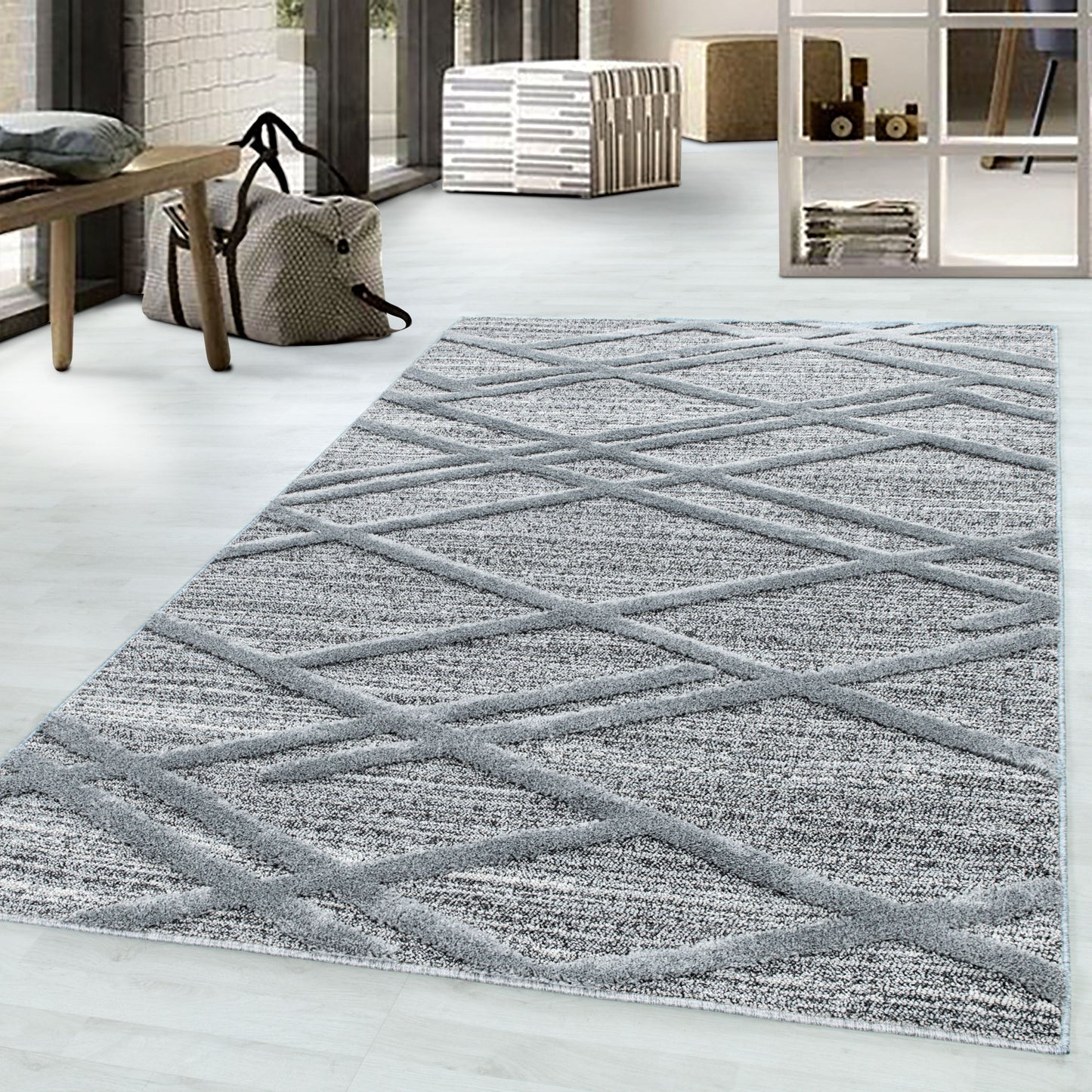 Kurzflor Design Teppich MIA Looped Flor 3-D Linien Gitter Muster