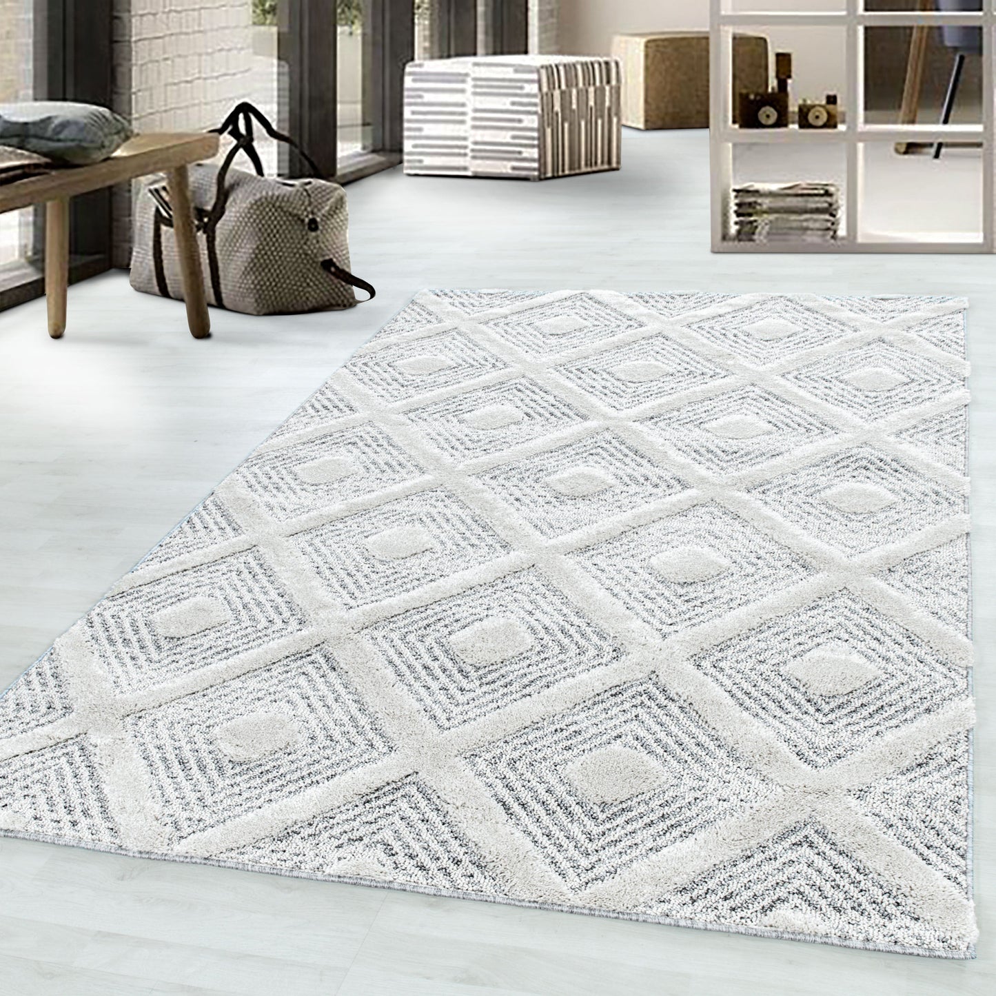 Kurzflor Design Teppich MIA Looped Flor 3-D Rauten Viereck Gitter Muster