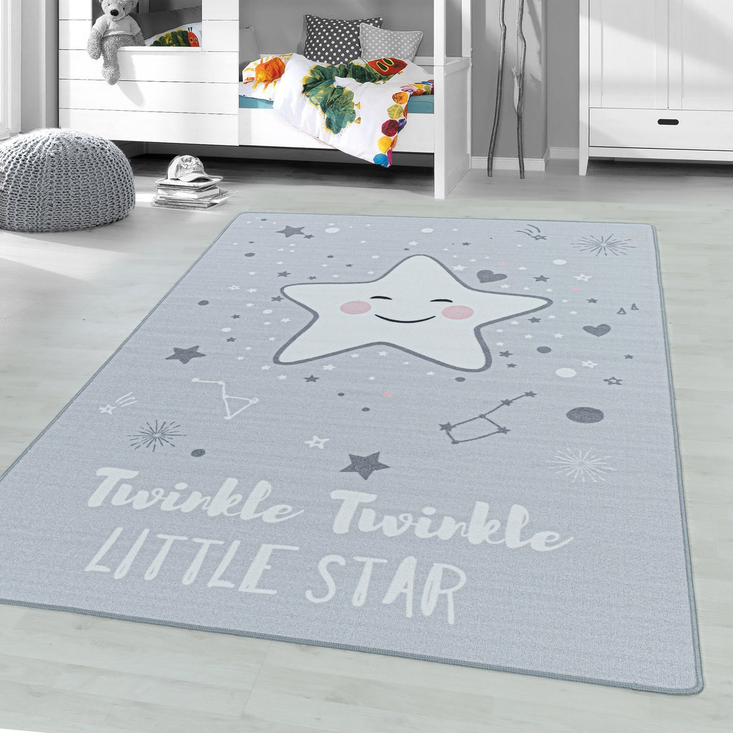 Kurzflor Kinderteppich Spielteppich Kinderzimmer Teppich Motiv Baby Stern Grau