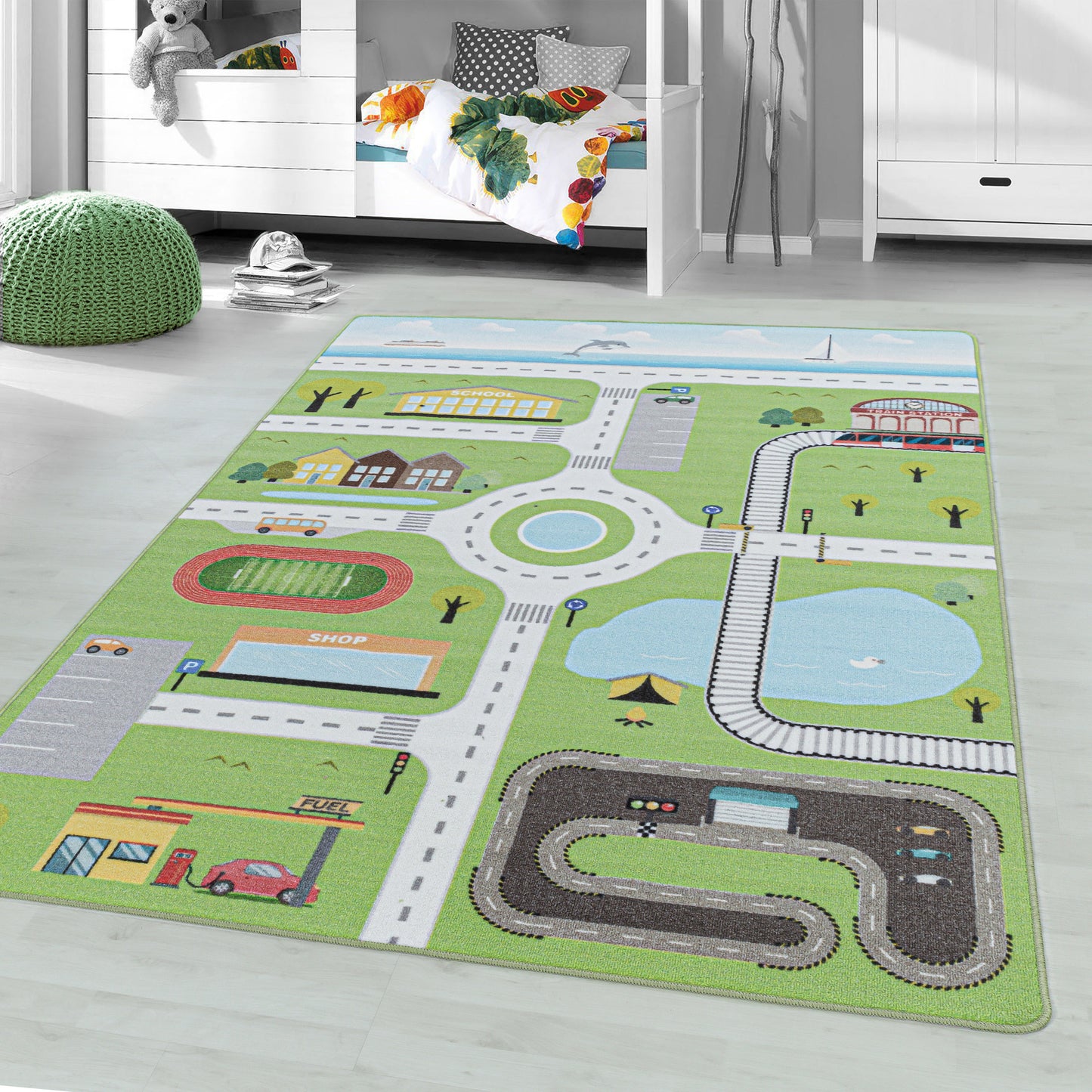Kurzflor Teppich Spielteppich Kinderzimmer Teppich Motiv Straße Verkehr Grün
