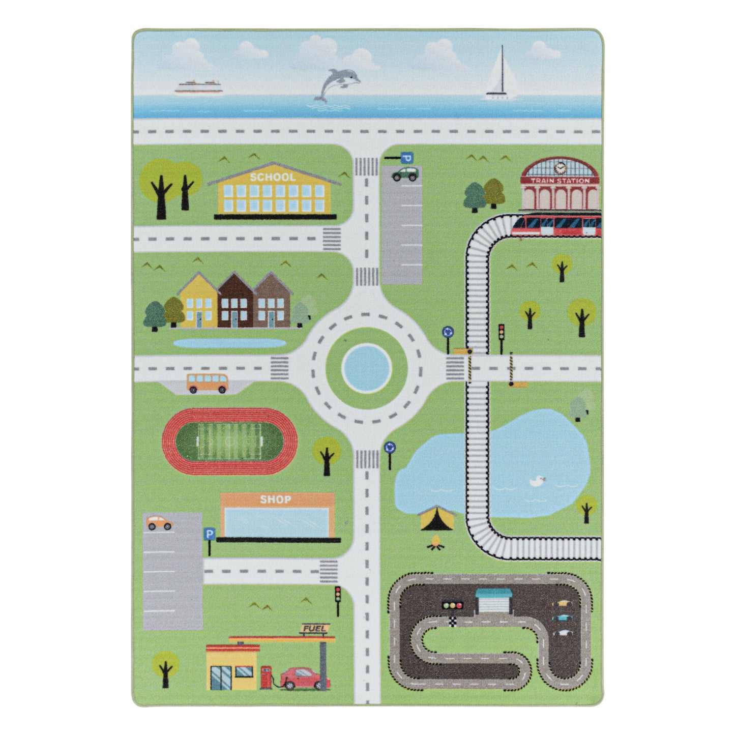 Kurzflor Teppich Spielteppich Kinderzimmer Teppich Motiv Straße Verkehr Grün