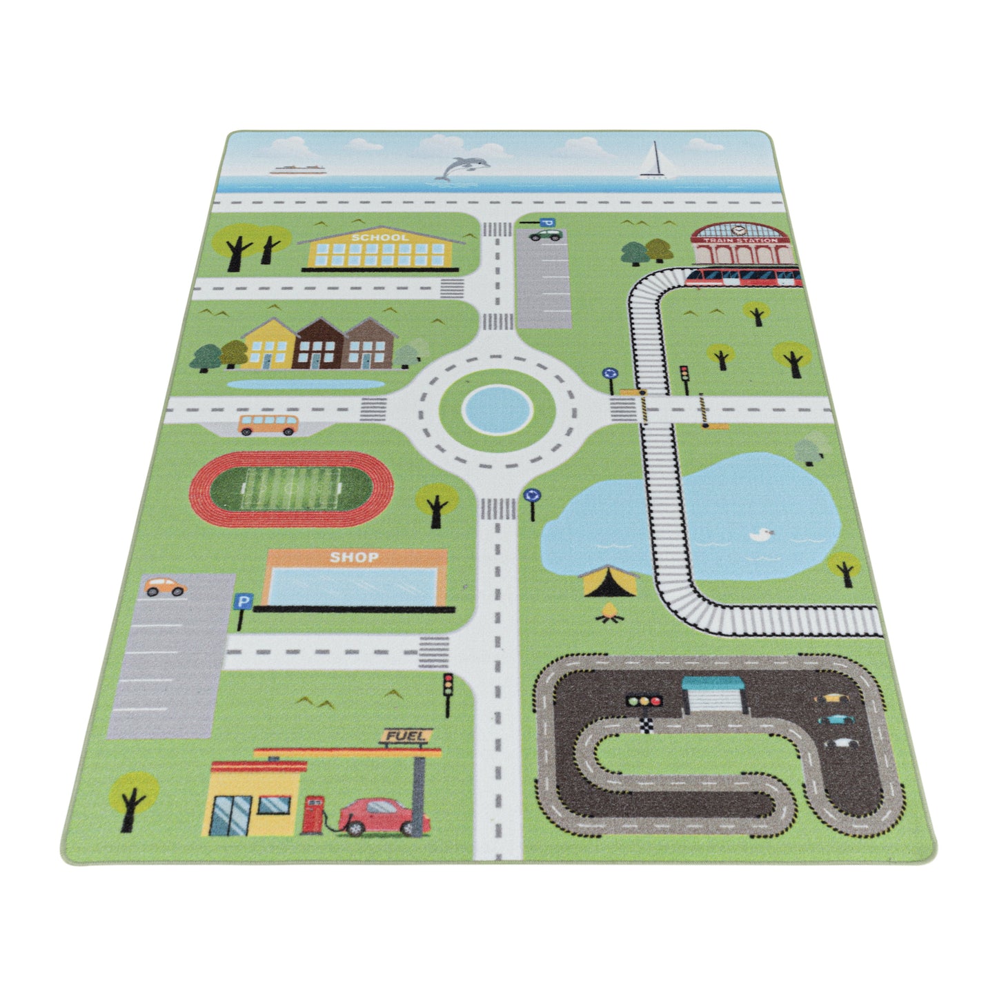 Kurzflor Teppich Spielteppich Kinderzimmer Teppich Motiv Straße Verkehr Grün