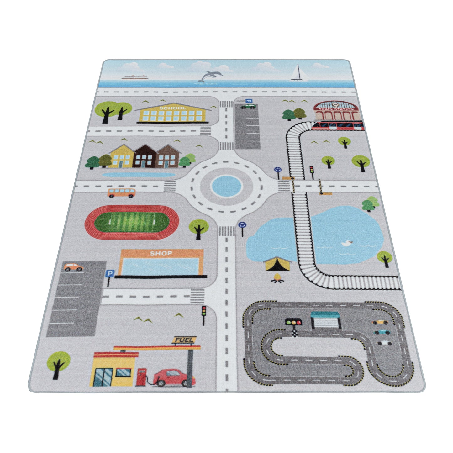 Kurzflor Kinderteppich Spielteppich Kinderzimmer Teppich Straße Verkehr Grau