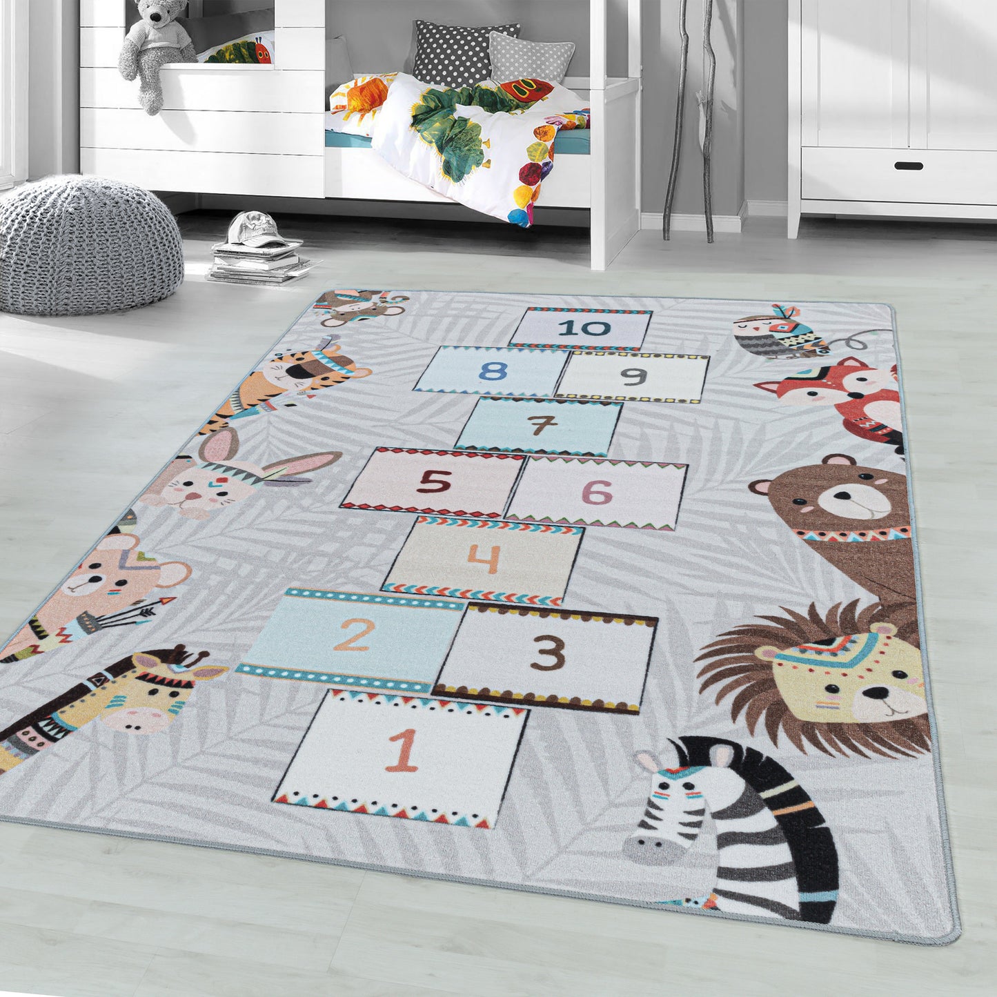Kurzflor Kinderteppich Spielteppich Kinderzimmer Teppich Motiv Himmel Hölle Grau
