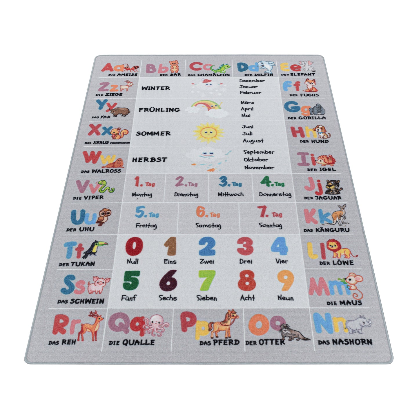 Kurzflor Kinderteppich Spielteppich Teppich Buchstaben Zahlen Jahreszeiten Grau