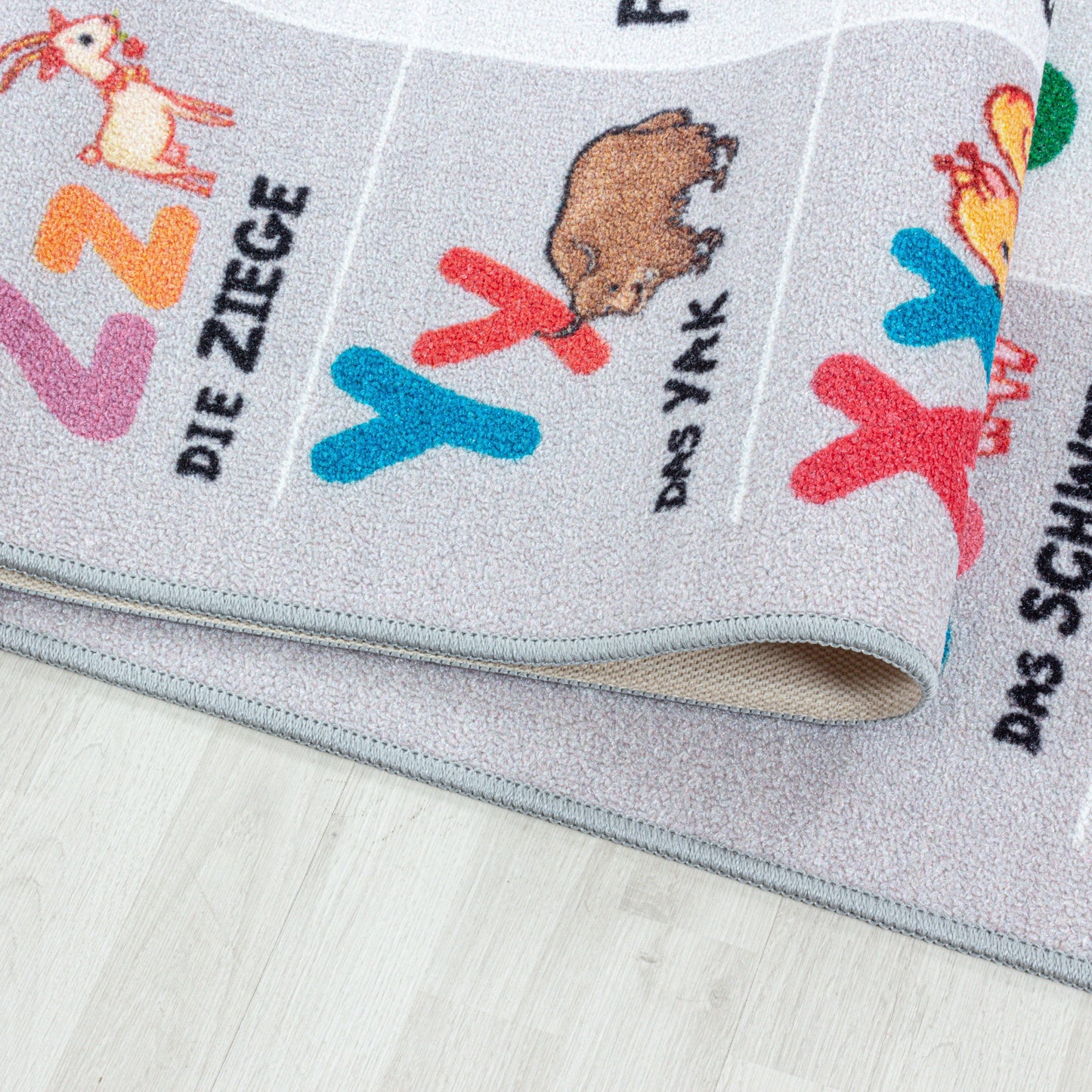 Kurzflor Kinderteppich Spielteppich Teppich Buchstaben Zahlen Jahreszeiten Grau