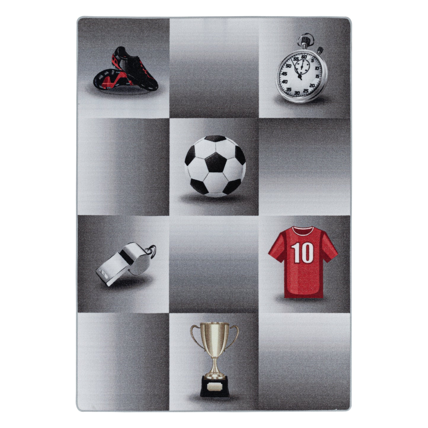 Kurzflor Kinderteppich Spielteppich Teppich Spiel Fussball Trikot Pokal Grau