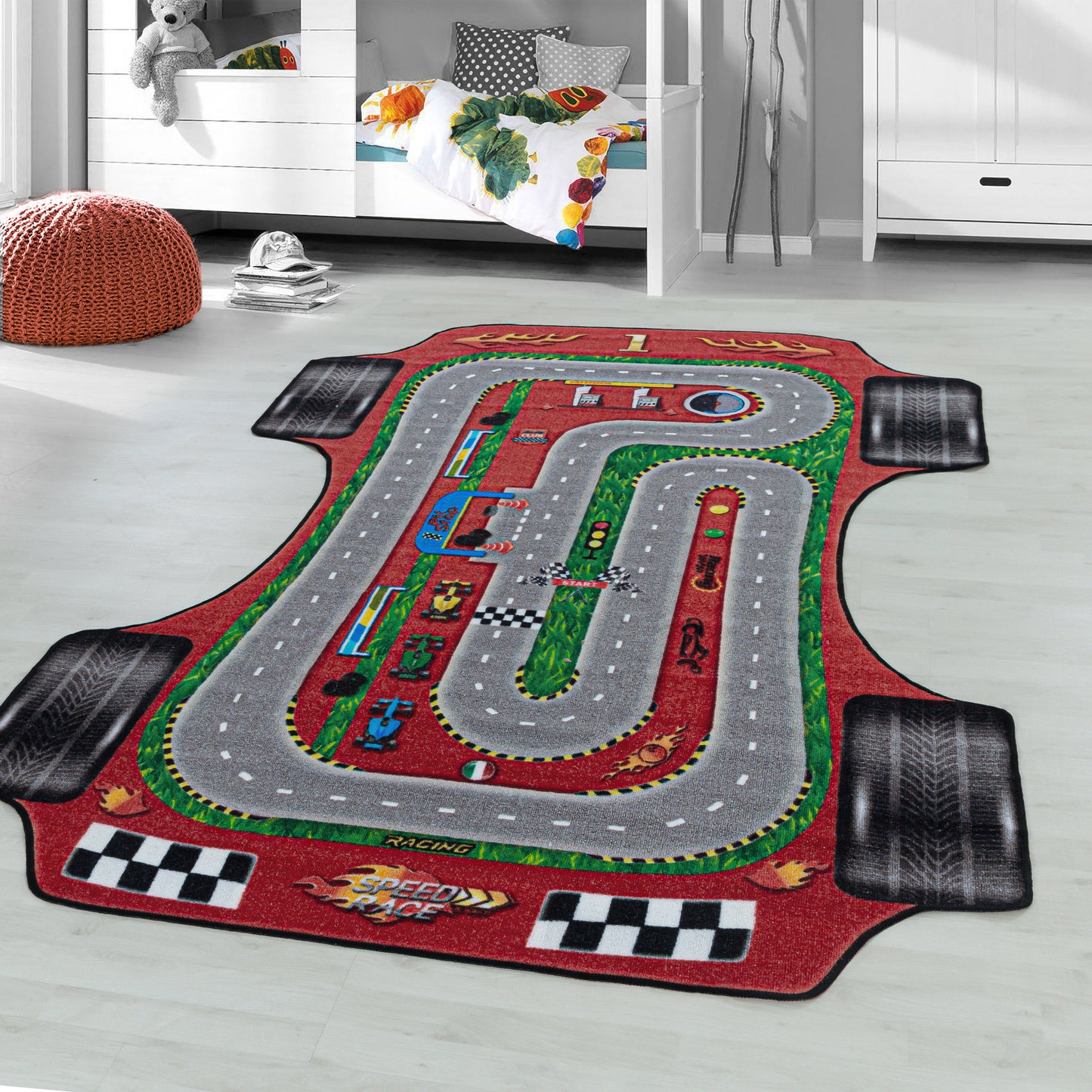 Kurzflor Kinderteppich Spielteppich Kinderzimmer Teppich Rennstrecke Auto Rot