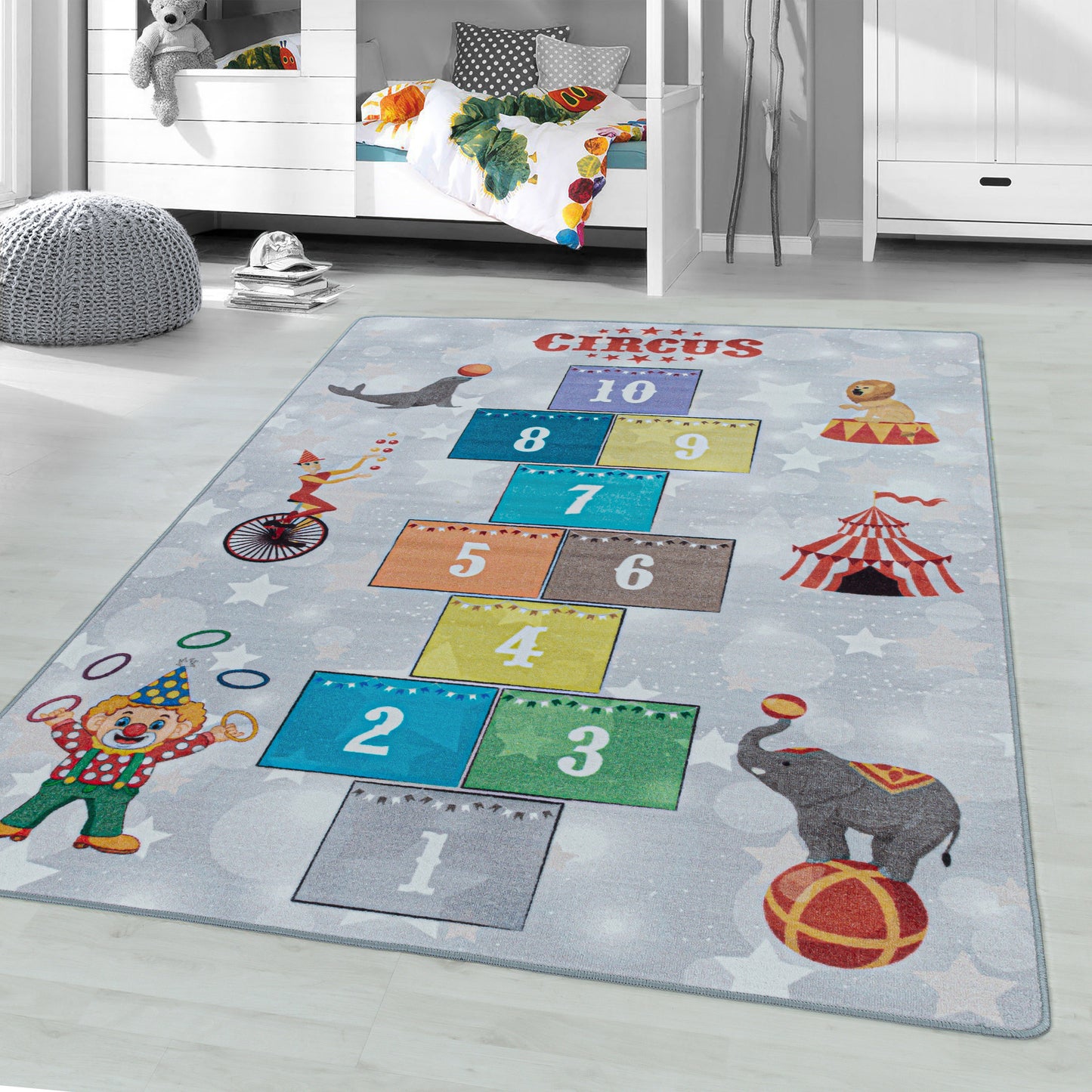 Kurzflor Kinderteppich Spielteppich Kinderzimmer Teppich Zirkus Clown Löwe Blau