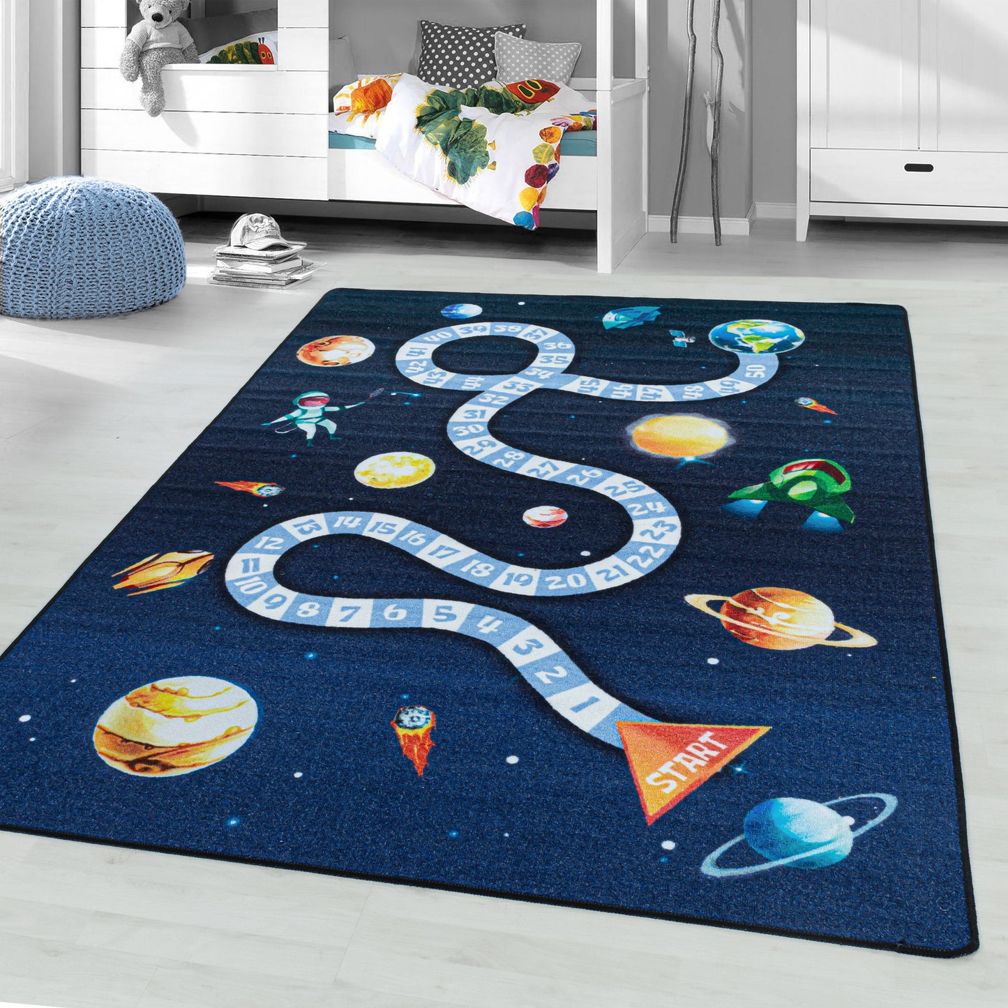 Kurzflor Teppich Kinderteppich Kinderzimmer Spiel Weltall Planet Rakete Blau