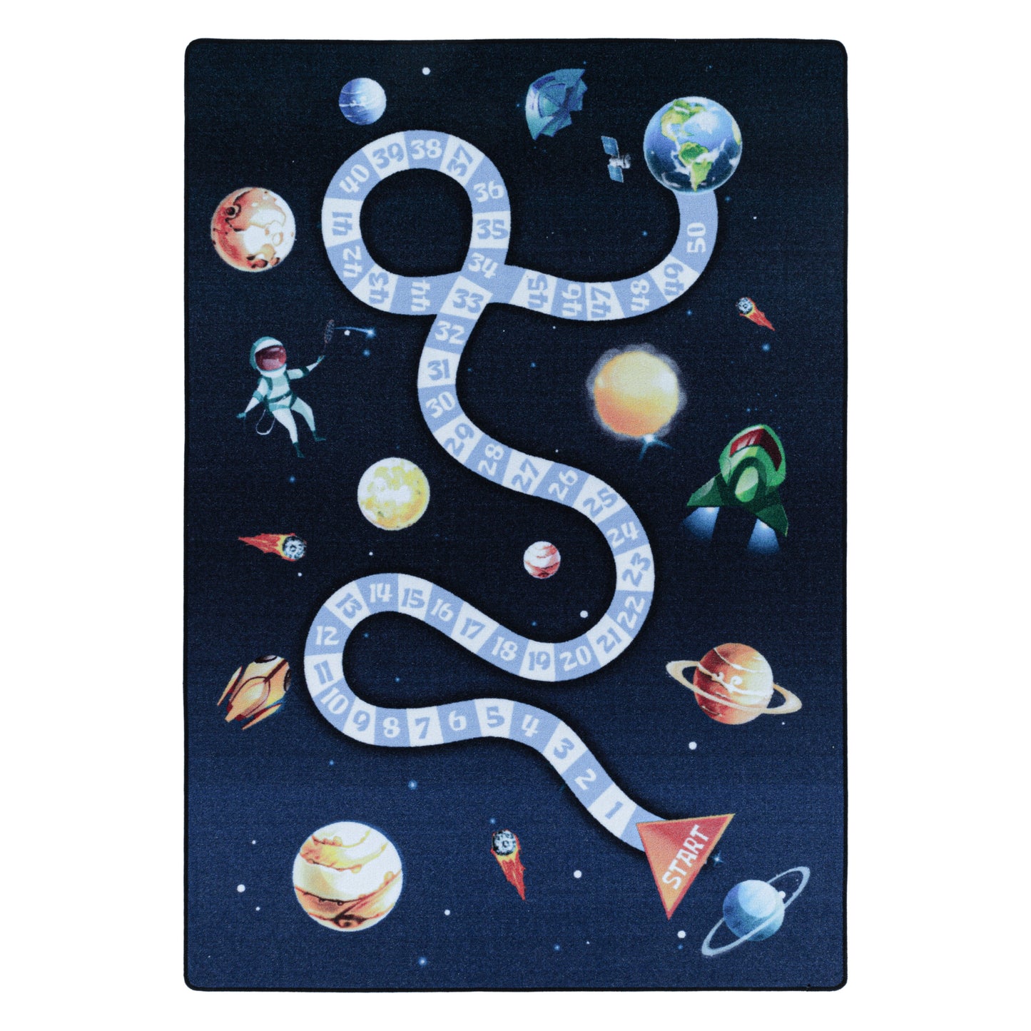 Kurzflor Teppich Kinderteppich Kinderzimmer Spiel Weltall Planet Rakete Blau