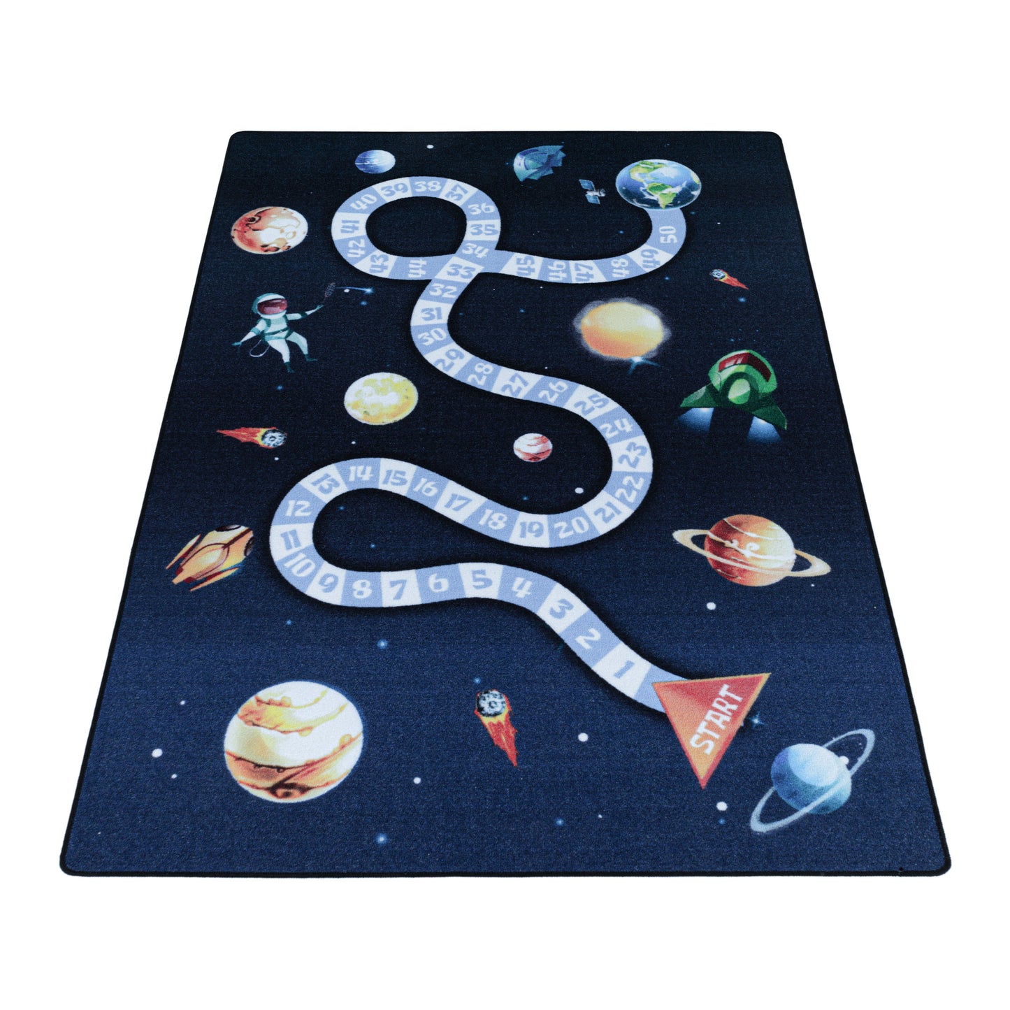 Kurzflor Teppich Kinderteppich Kinderzimmer Spiel Weltall Planet Rakete Blau