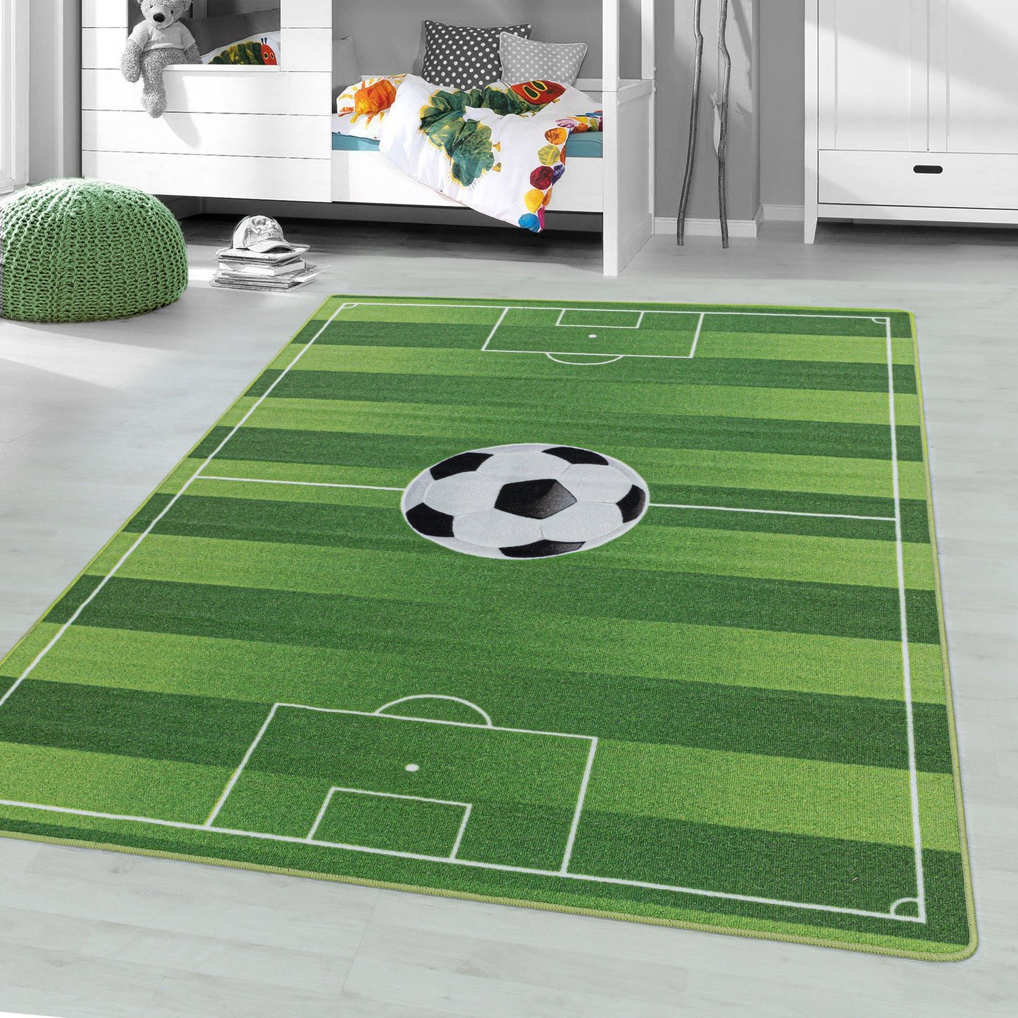 Kurzflor Kinderteppich Spielteppich Kinderzimmer Teppich Fussball Stadion Grün