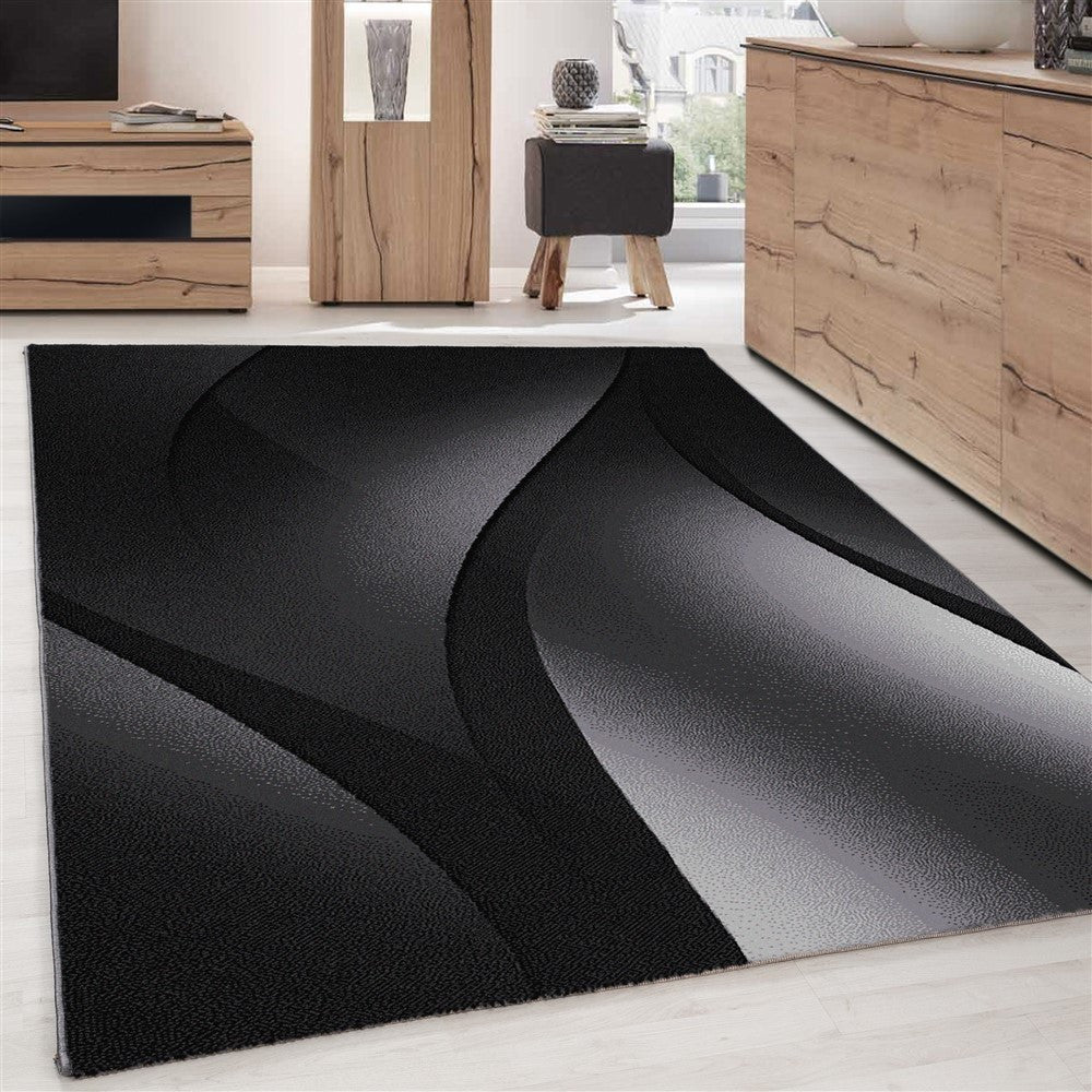 Designer Teppich Modern Kurzflor Abstrakt Wellen Optik Schwarz Grau