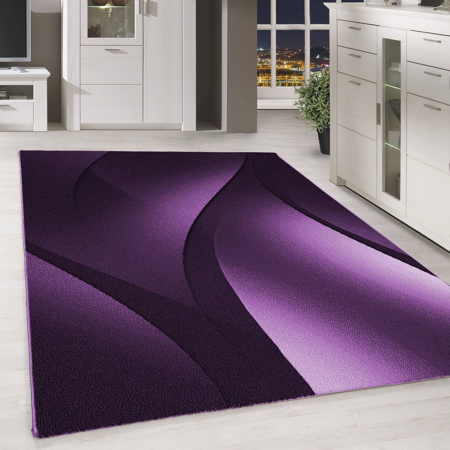 Designer Teppich Modern Kurzflor Abstrakt Wellen Optik Schwarz Lila Weiß