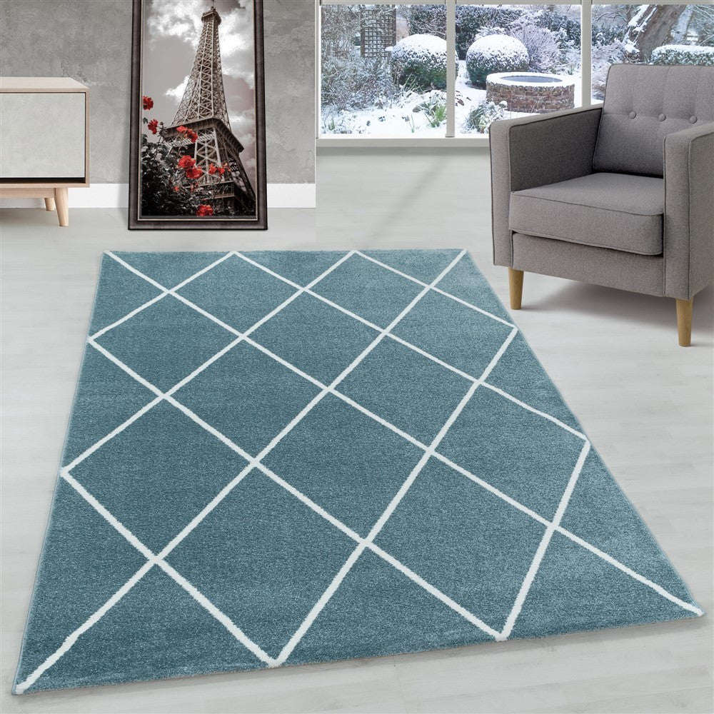 Wohnzimmerteppich Kurzflor Teppich Design Raute Linien Unifarben Blau