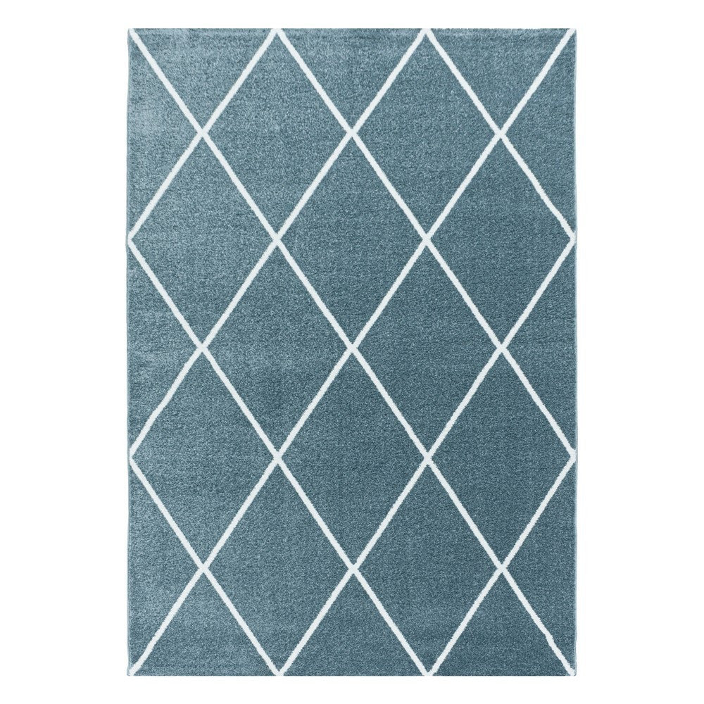 Wohnzimmerteppich Kurzflor Teppich Design Raute Linien Unifarben Blau