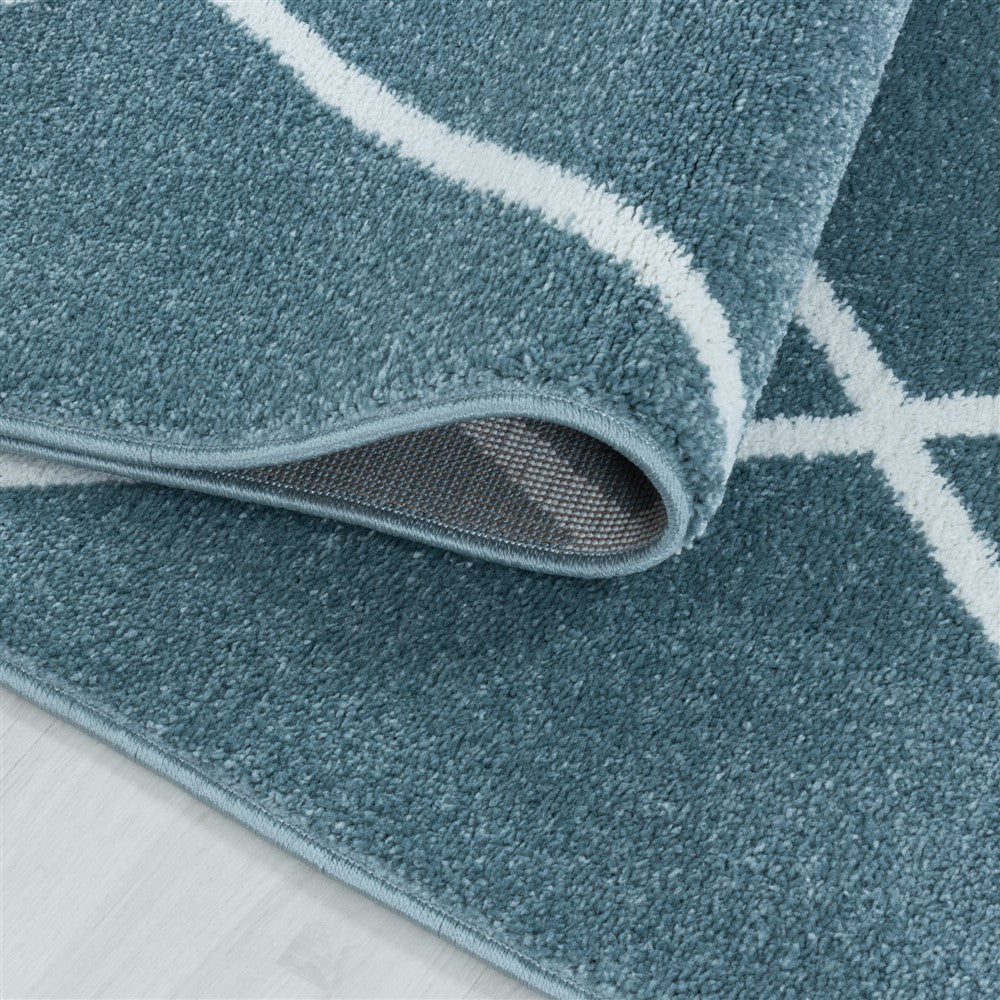 Wohnzimmerteppich Kurzflor Teppich Design Raute Linien Unifarben Blau