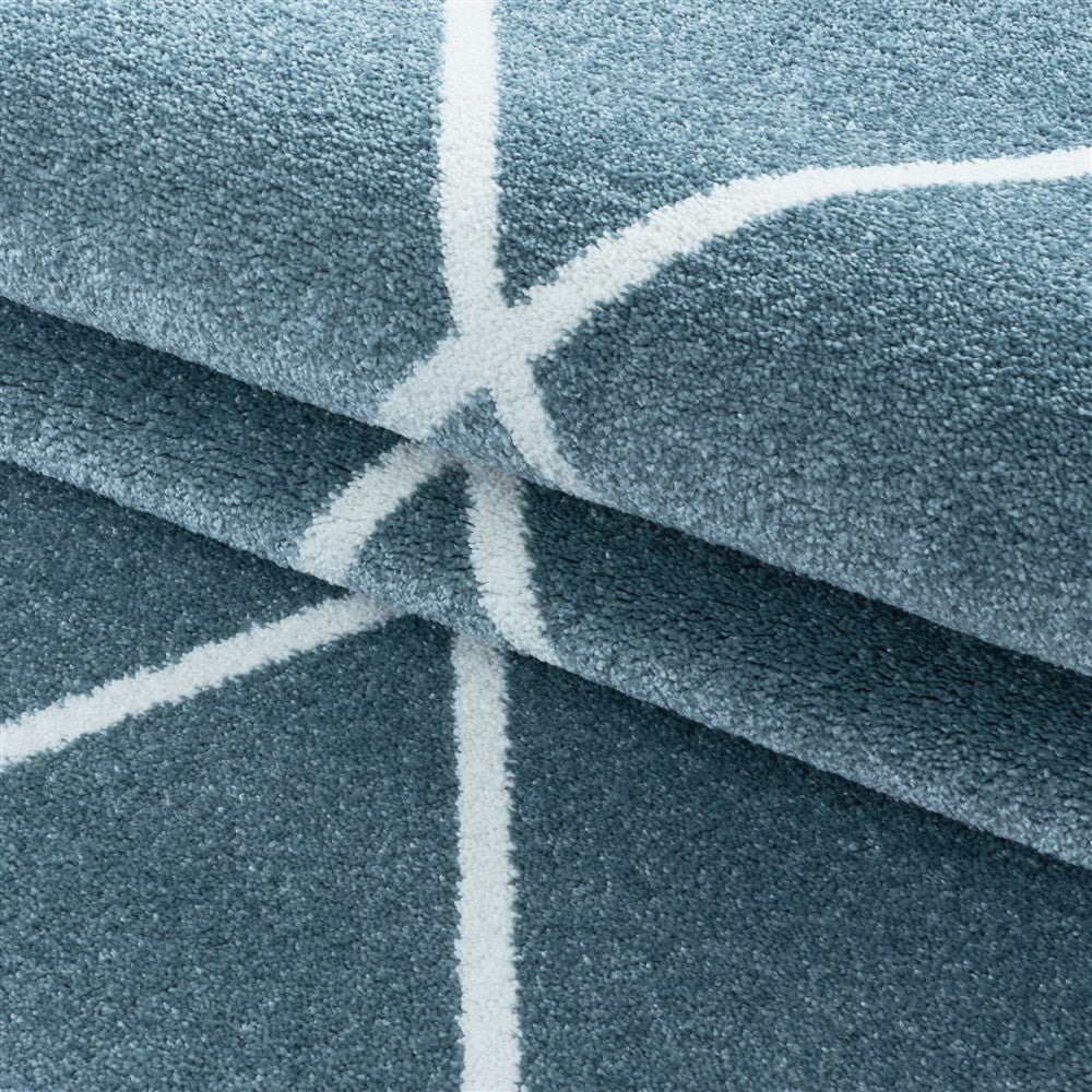 Wohnzimmerteppich Kurzflor Teppich Design Raute Linien Unifarben Blau