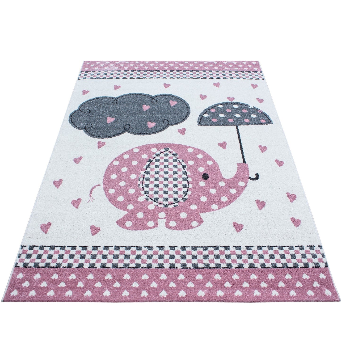 Kinderteppich Kinderzimmer Teppich Elefant Herzregen Grau-Weiß-Pink