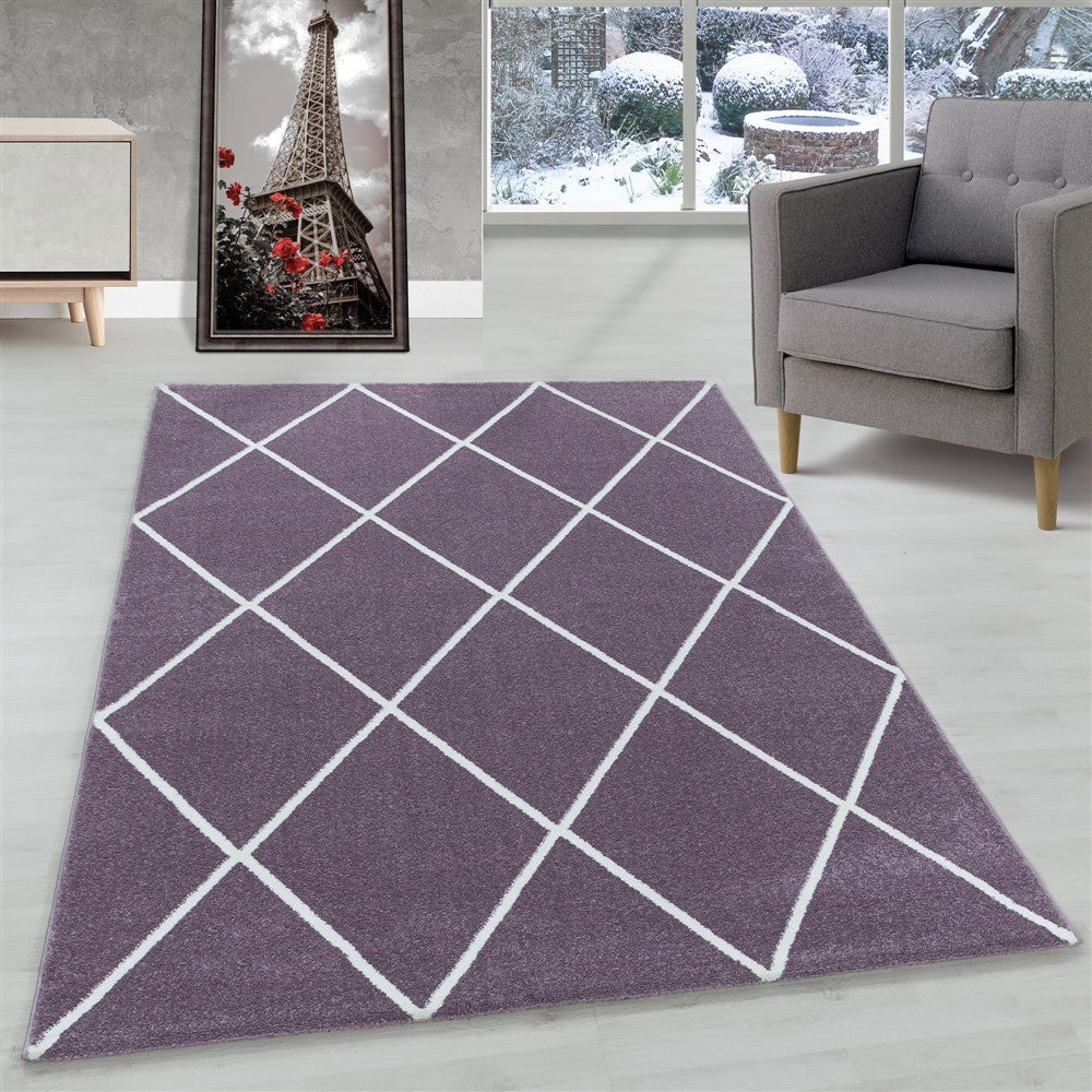 Wohnzimmerteppich Kurzflor Teppich Design Raute Modern Linien Unifarben Lila