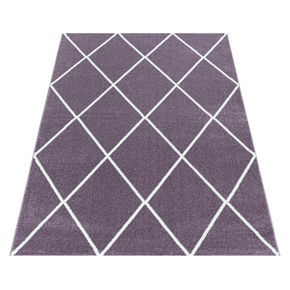 Wohnzimmerteppich Kurzflor Teppich Design Raute Modern Linien Unifarben Lila