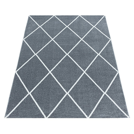 Wohnzimmerteppich Kurzflor Teppich Design Raute Modern Linien Unifarben Silber