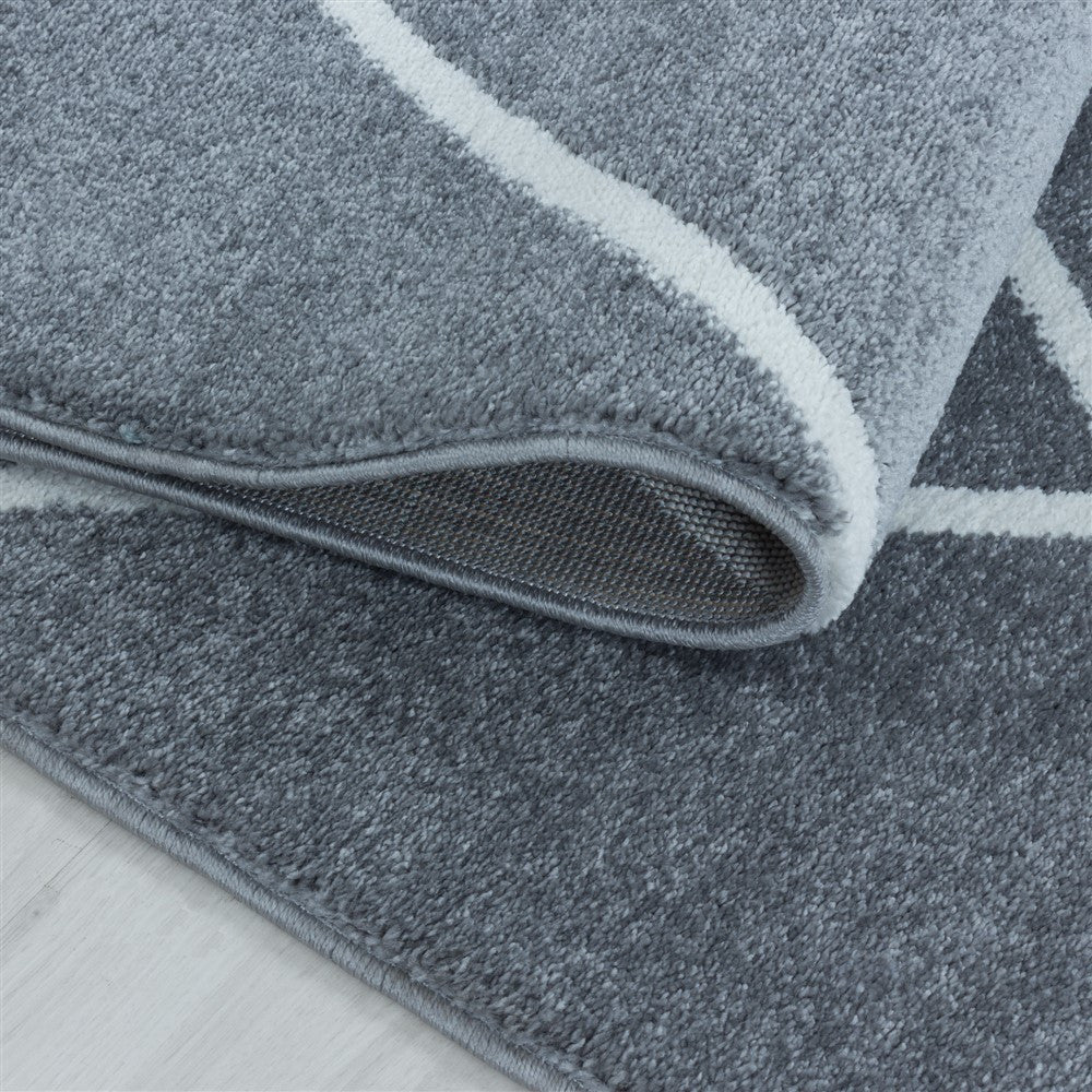 Wohnzimmerteppich Kurzflor Teppich Design Raute Modern Linien Unifarben Silber