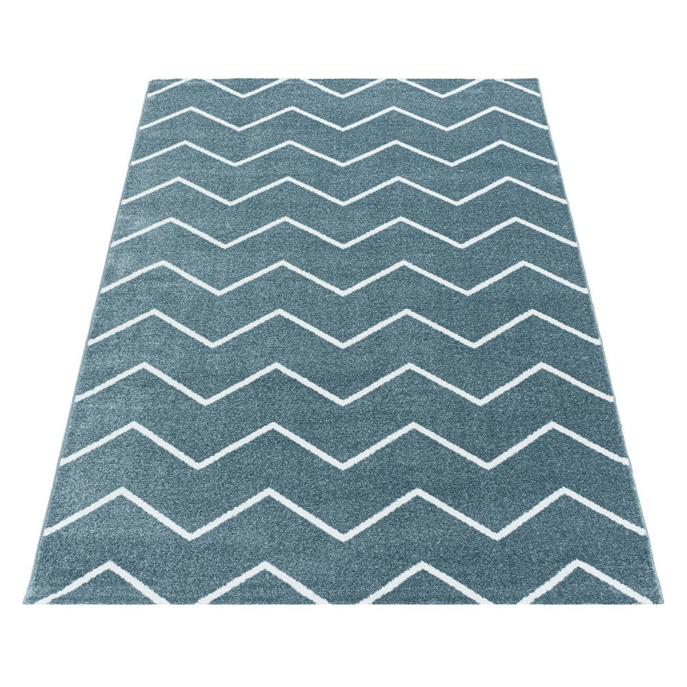 Wohnzimmerteppich Kurzflor Teppich Wellen Linien Design Kinderteppich Blau