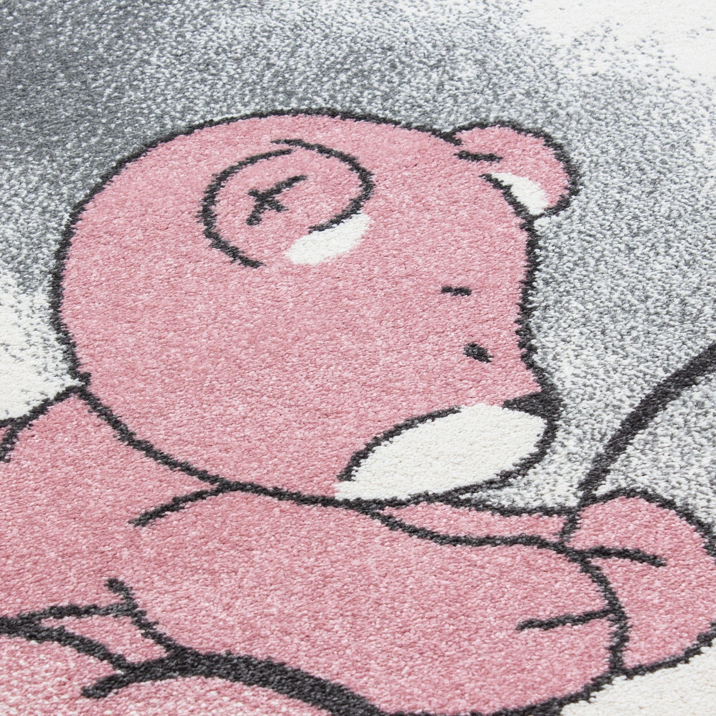 Kinderteppich Kinderzimmer Teppich Bär Wolken Stern-Angeln Grau-Weiß-Pink