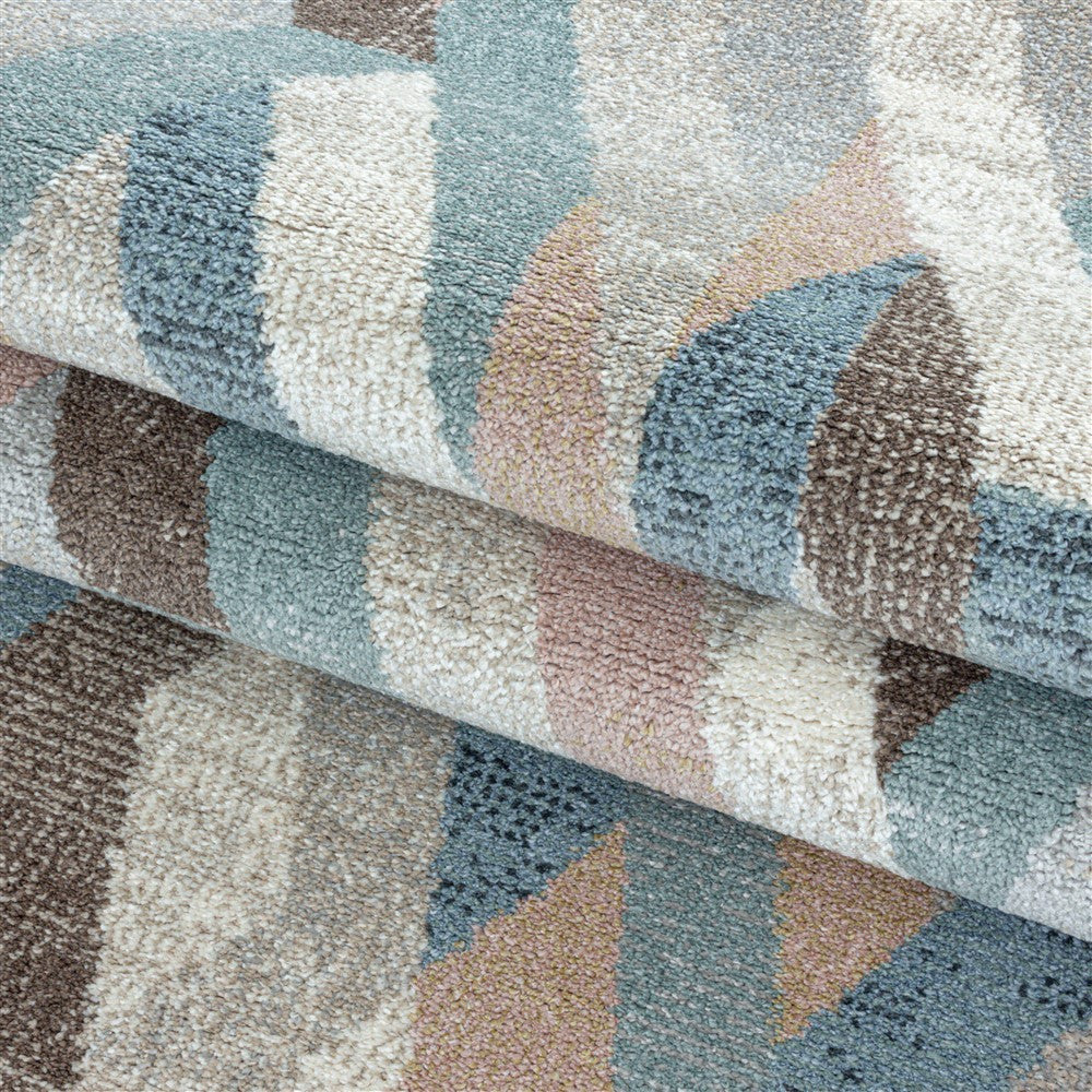 Modern Kurzflor Designer Teppich Geometrisches Linien design Braun Beige Blau