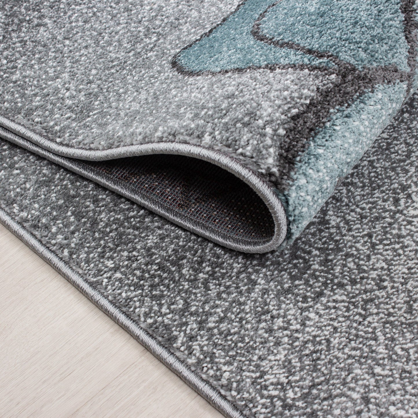 Kinderteppich Kinderzimmer Teppich Bär Wolken Stern-Angeln Grau-Weiß-Blau