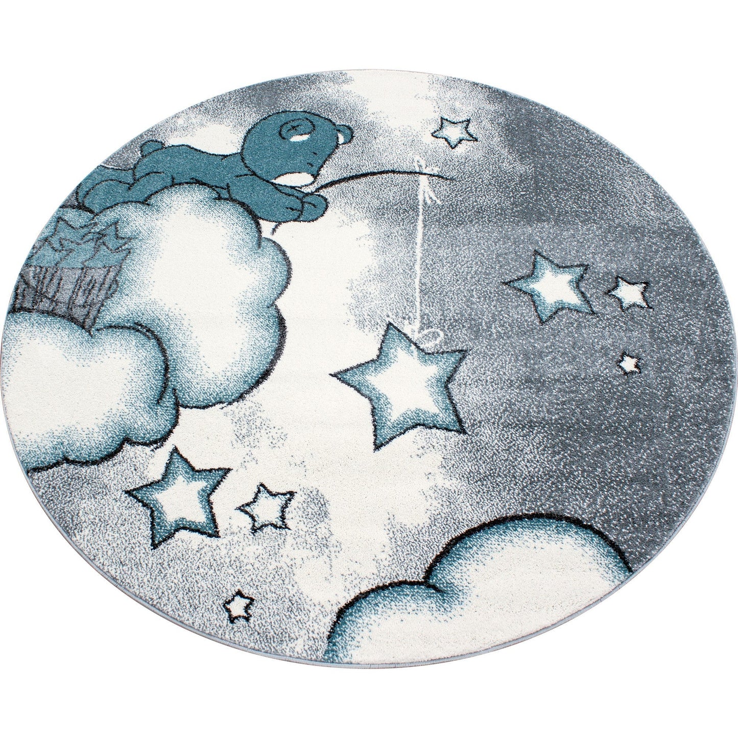 Kinderteppich Kinderzimmer Teppich Bär Wolken Stern-Angeln Grau-Weiß-Blau