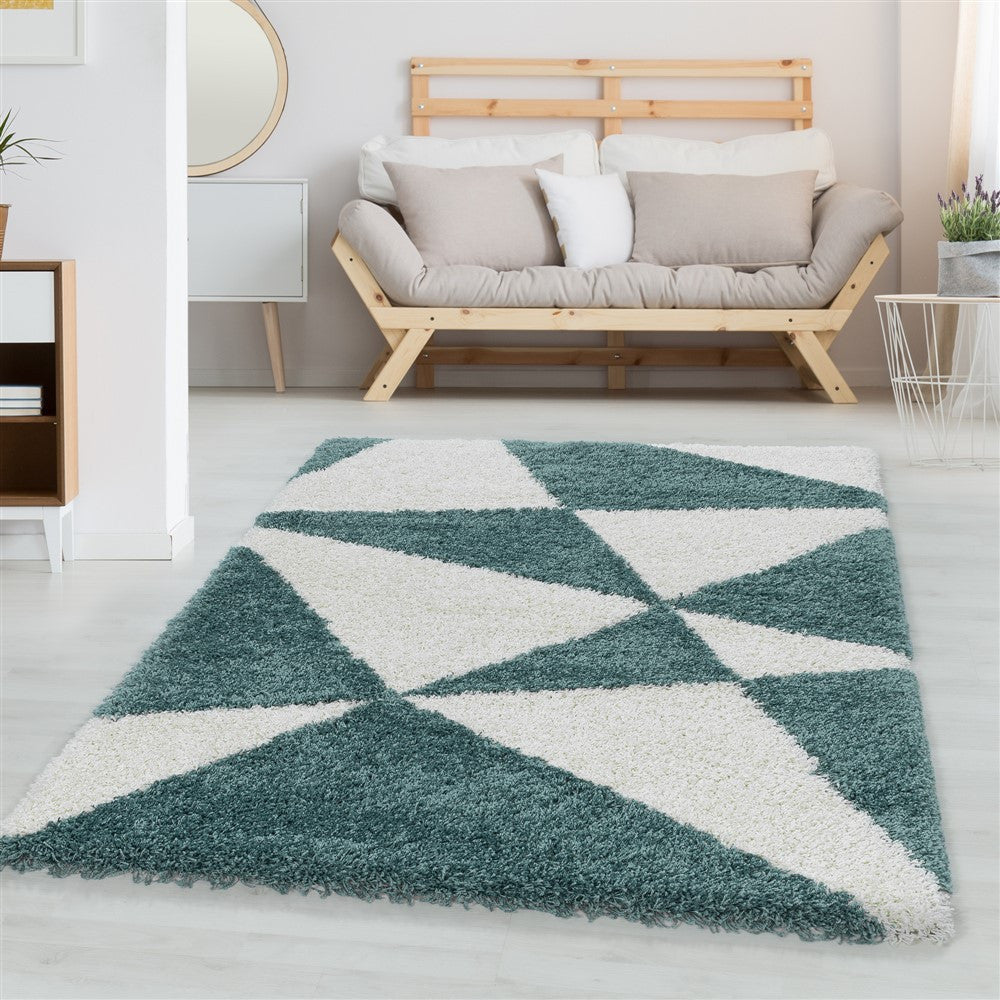 Wohnzimmerteppich Design Hochflor Teppich Muster Abstrakte Dreiecke Blau