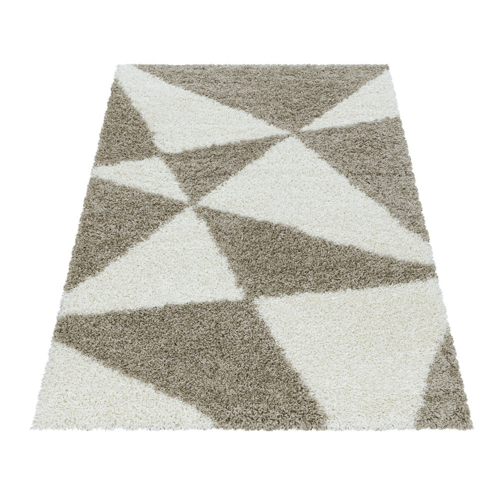 Wohnzimmerteppich Design Hochflor Teppich Muster Abstrakte Dreiecke Beige