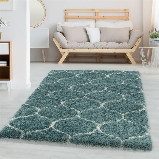 Wohnzimmerteppich Design Hochflor Teppich Muster Kachel Tile Jacquard Blau