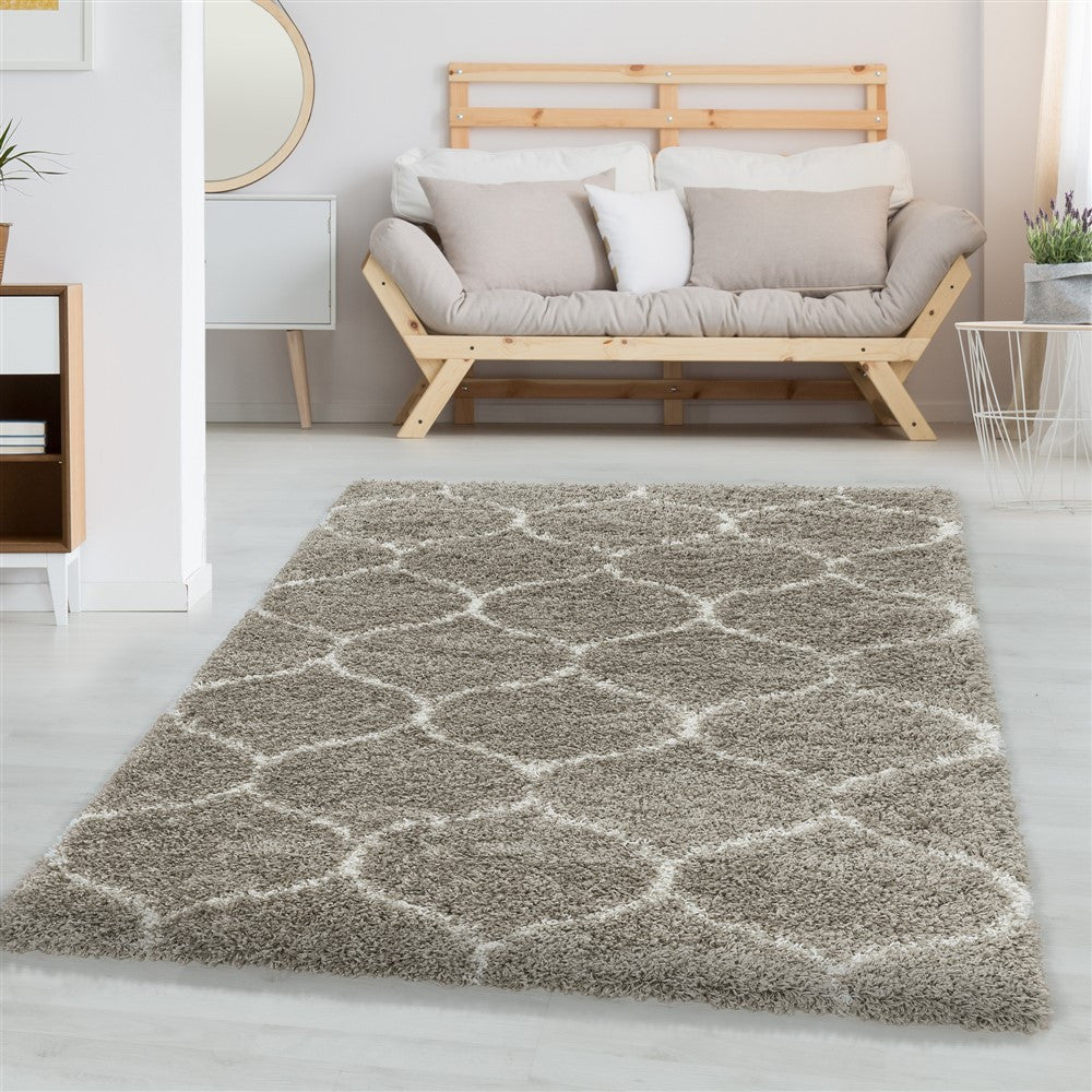 Wohnzimmerteppich Design Hochflor Teppich Muster Kachel Tile Jacquard Beige