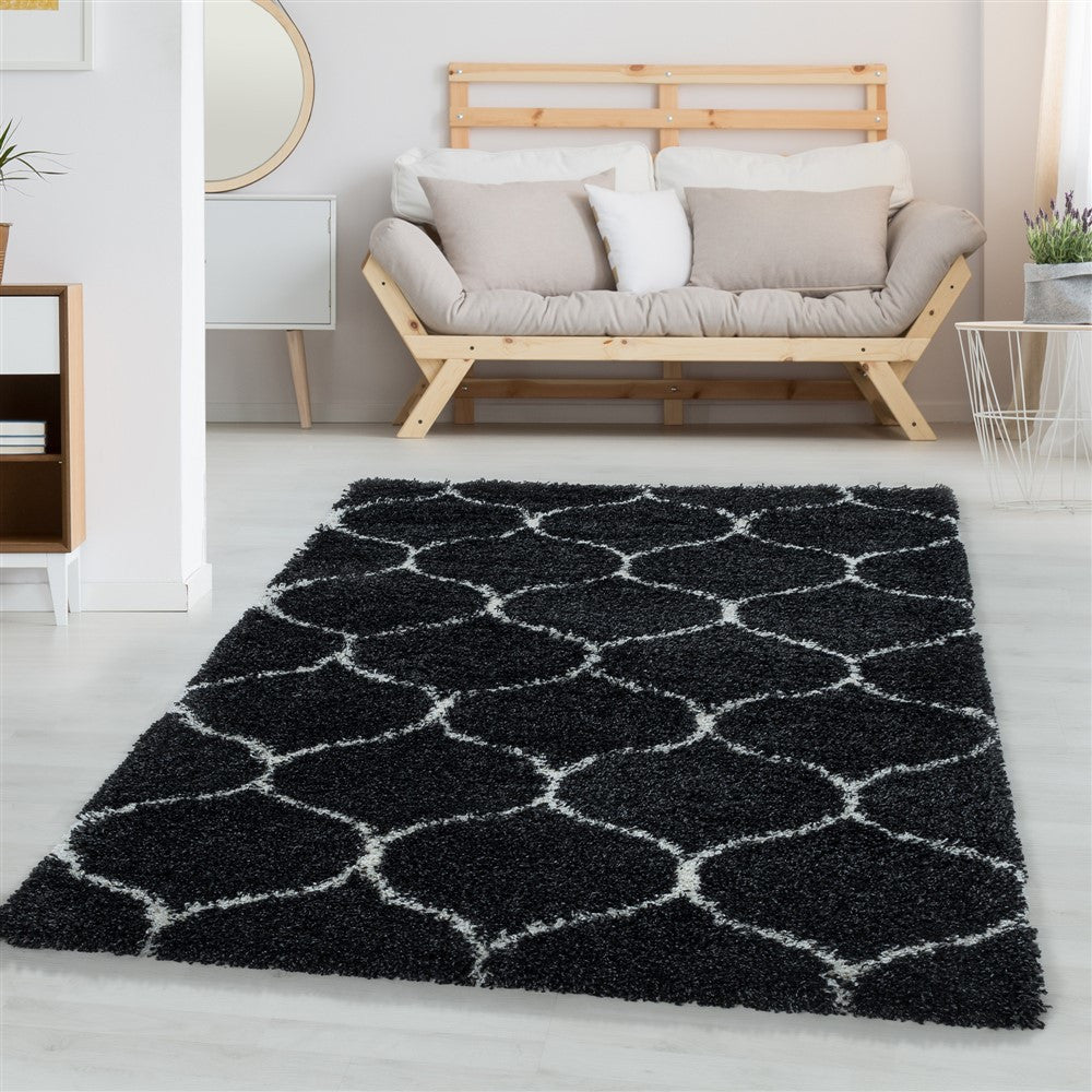 Wohnzimmerteppich Design Hochflor Teppich Muster Kachel Tile Jacquard Anthrazit