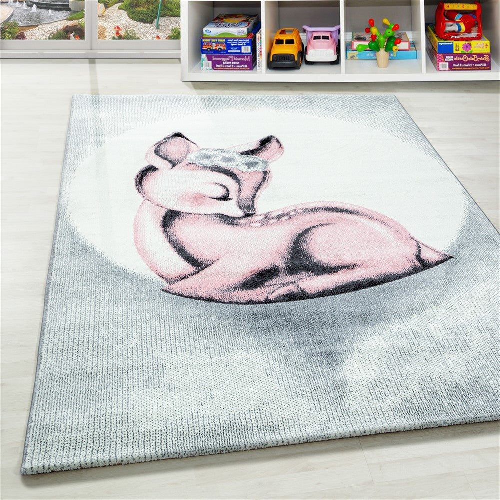 Kinderteppich Baby Teppich Kinderzimmer süßer Rehkitz Motiv Grau Pink Weiß