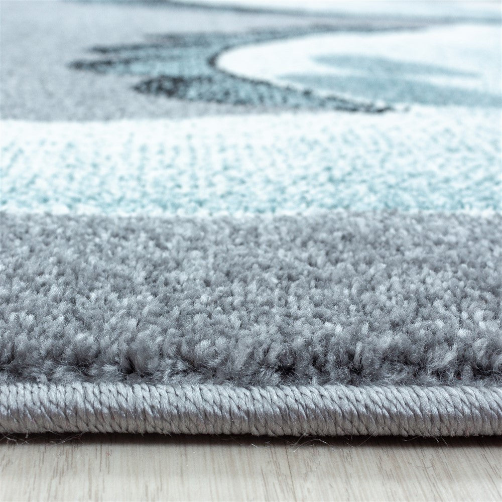 Kinderteppich Baby Teppich Kinderzimmer süßer Dino Motiv Grau Blau Weiß