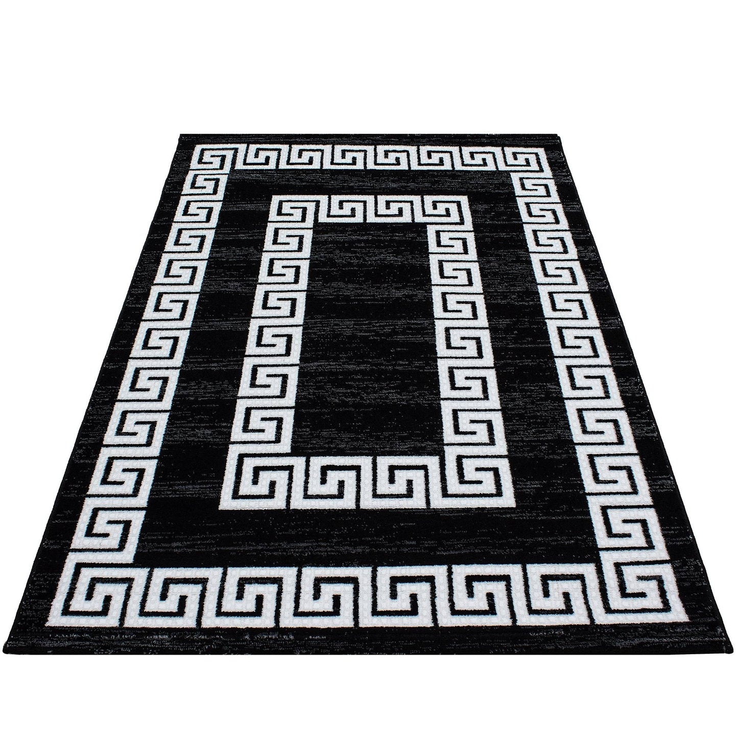 Teppich Modern Designer Wohnzimmer Bordüre Versace Muster Meliert Schwarz Weiss