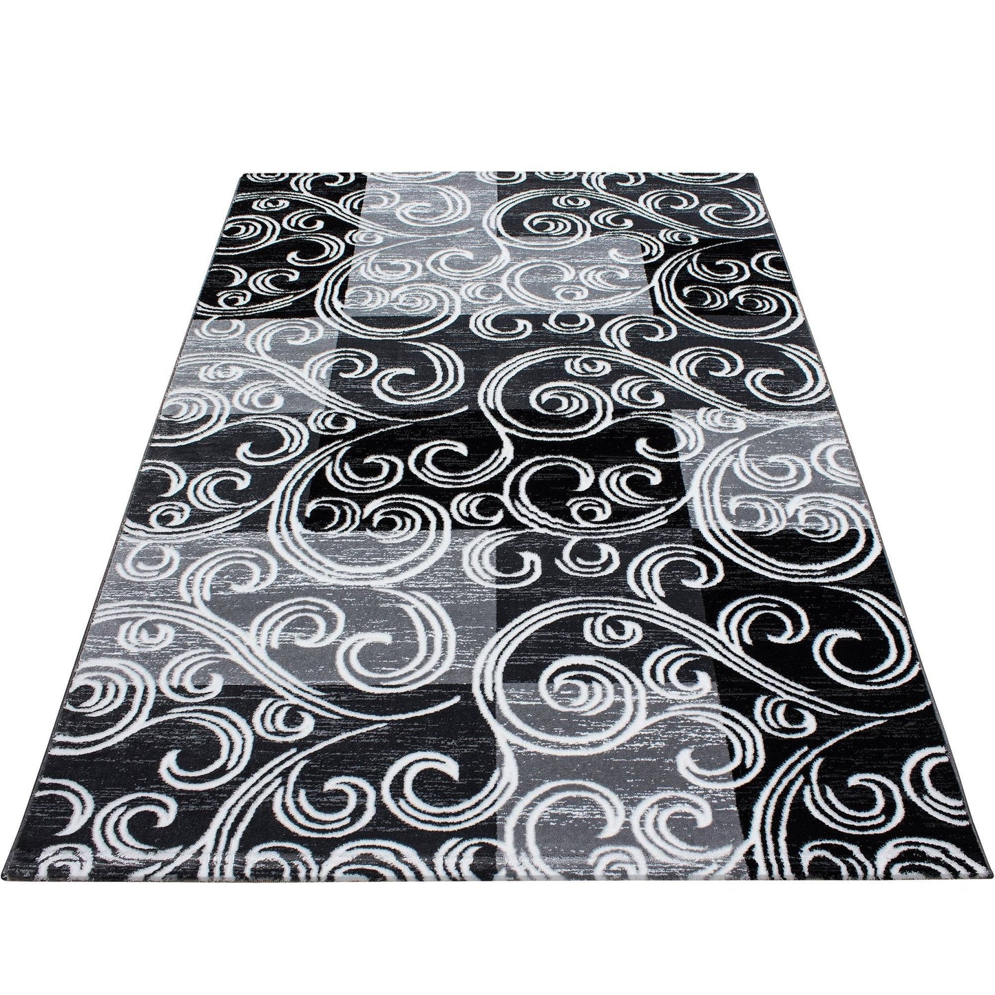 Teppich Modern Designer Barock mit Kariert Muster Meliert Schwarz Grau Weiß