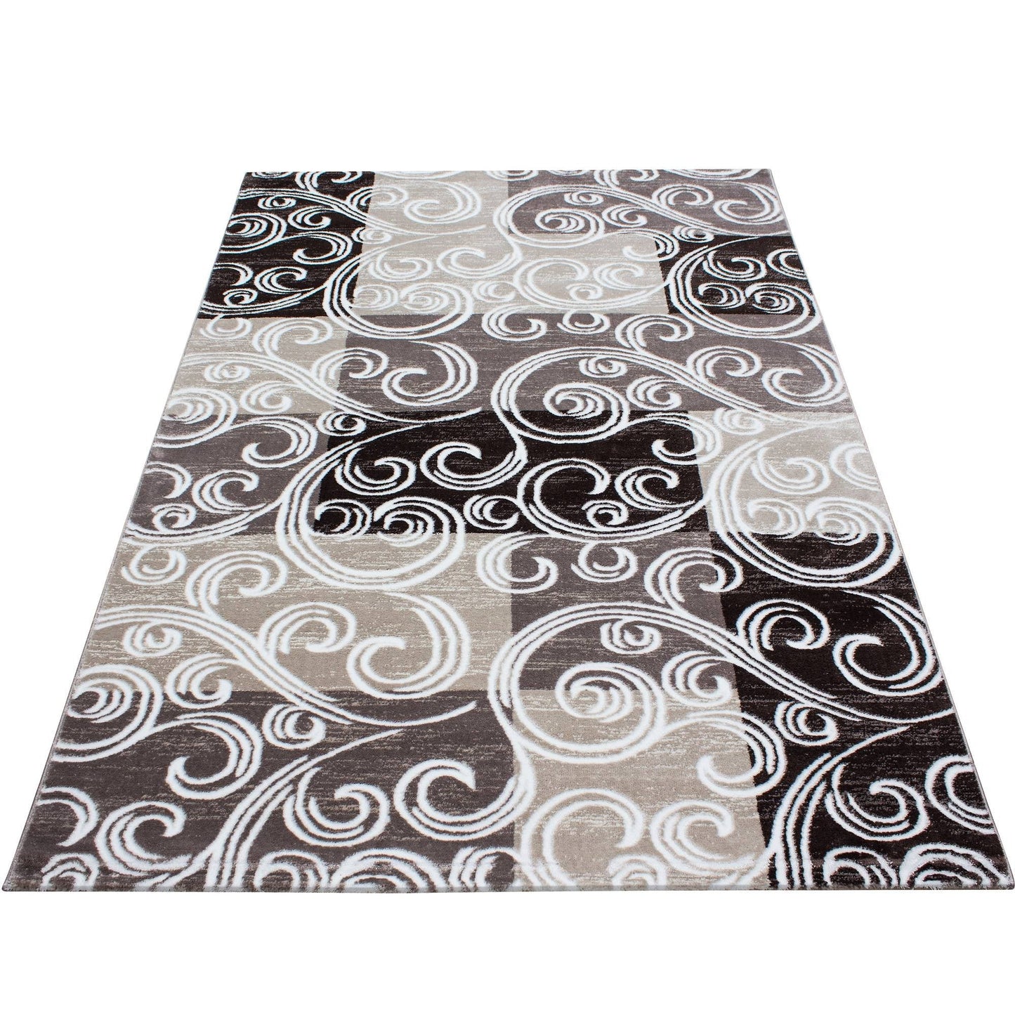 Teppich Modern Designer Barock mit Kariert Muster Meliert Braun Beige Creme