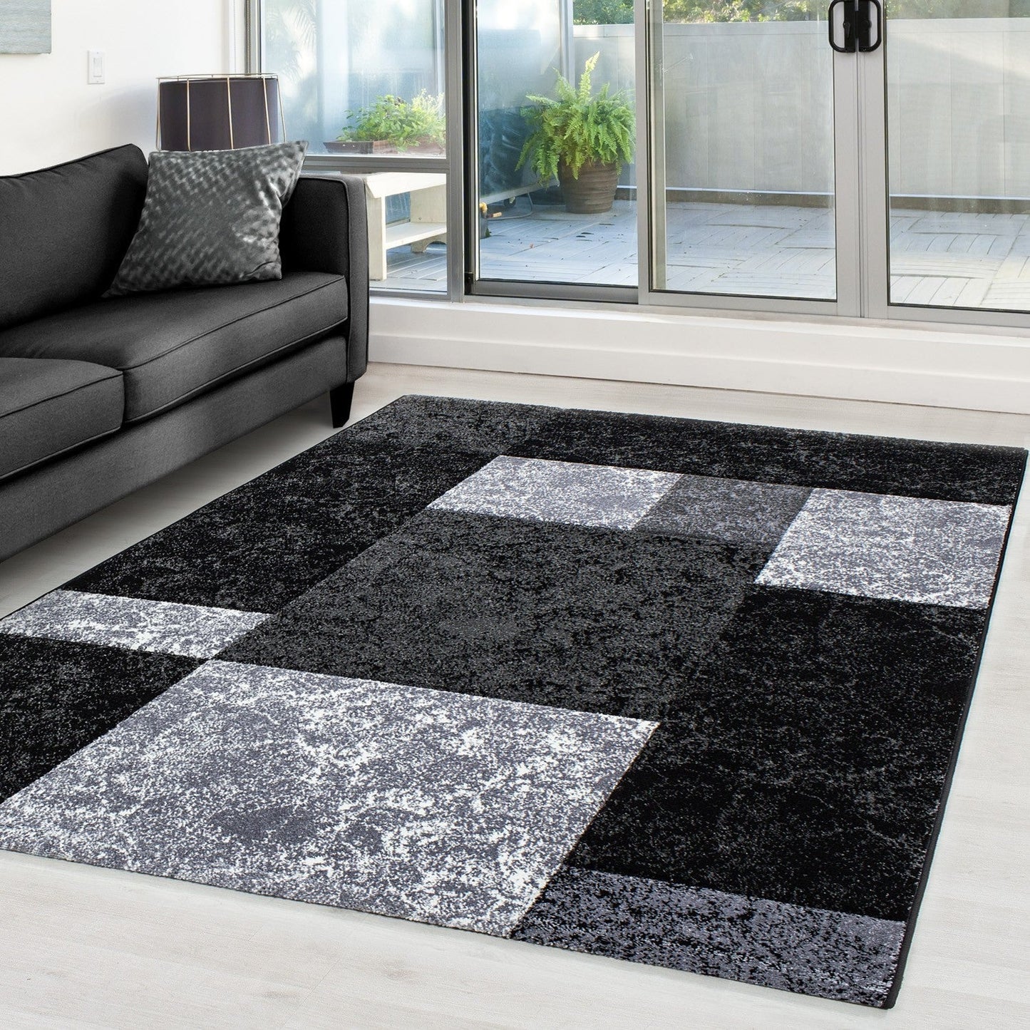 Designer Teppich Modern Kariert Muster Meliert Konturenschnitt Schwarz Grau Weiß