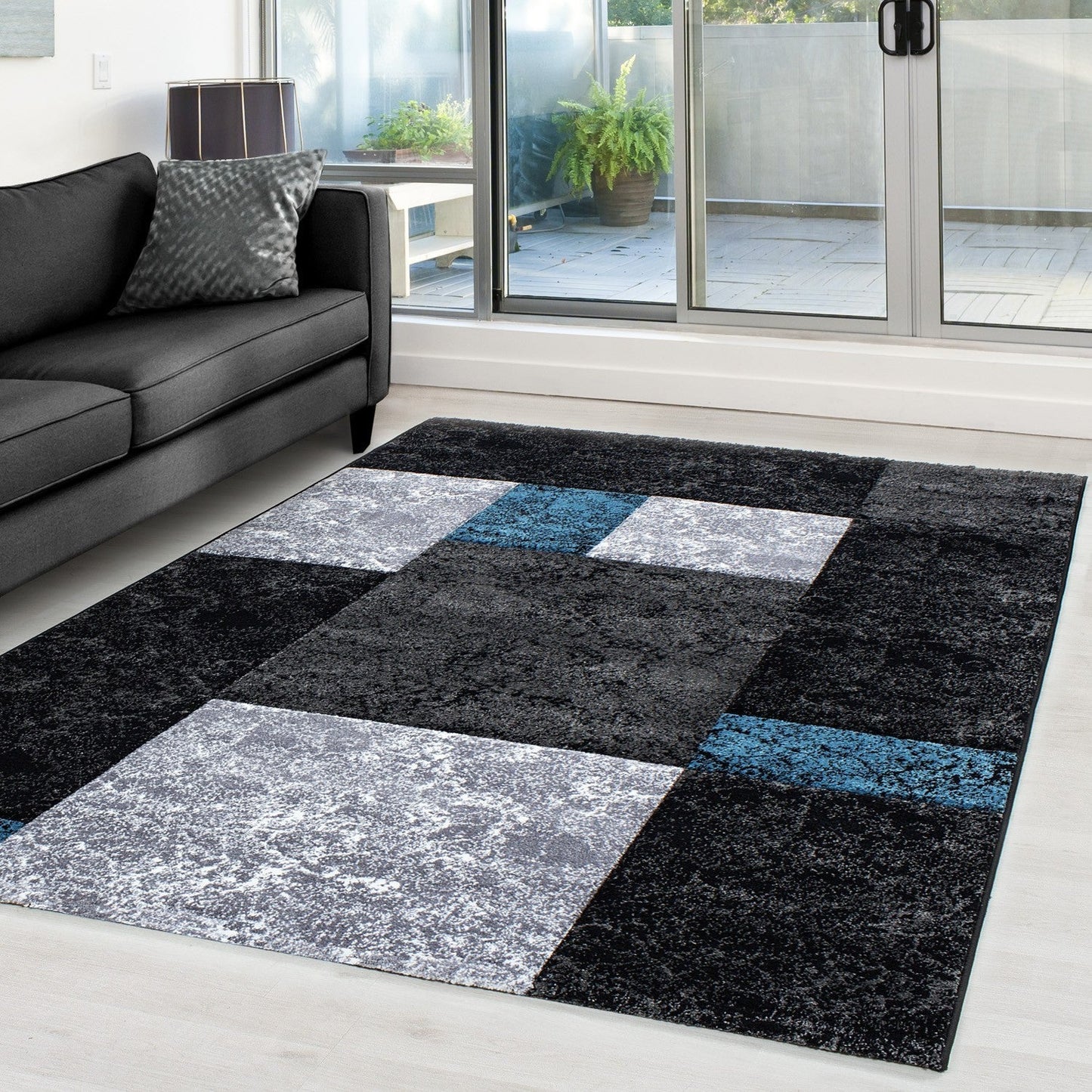 Designer Teppich Modern Kariert Muster Konturenschnitt Schwarz Grau Turkis