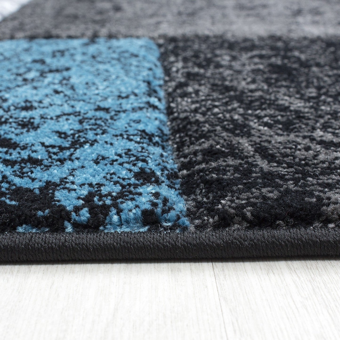 Designer Teppich Modern Kariert Muster Konturenschnitt Schwarz Grau Turkis