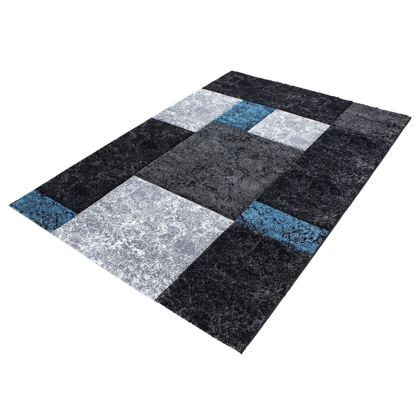 Designer Teppich Modern Kariert Muster Konturenschnitt Schwarz Grau Turkis
