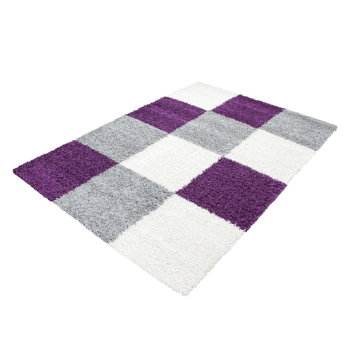 Teppich Hochflor Langflor günstig Wohnzimmer Shaggy kariert Lila Weiss Grau