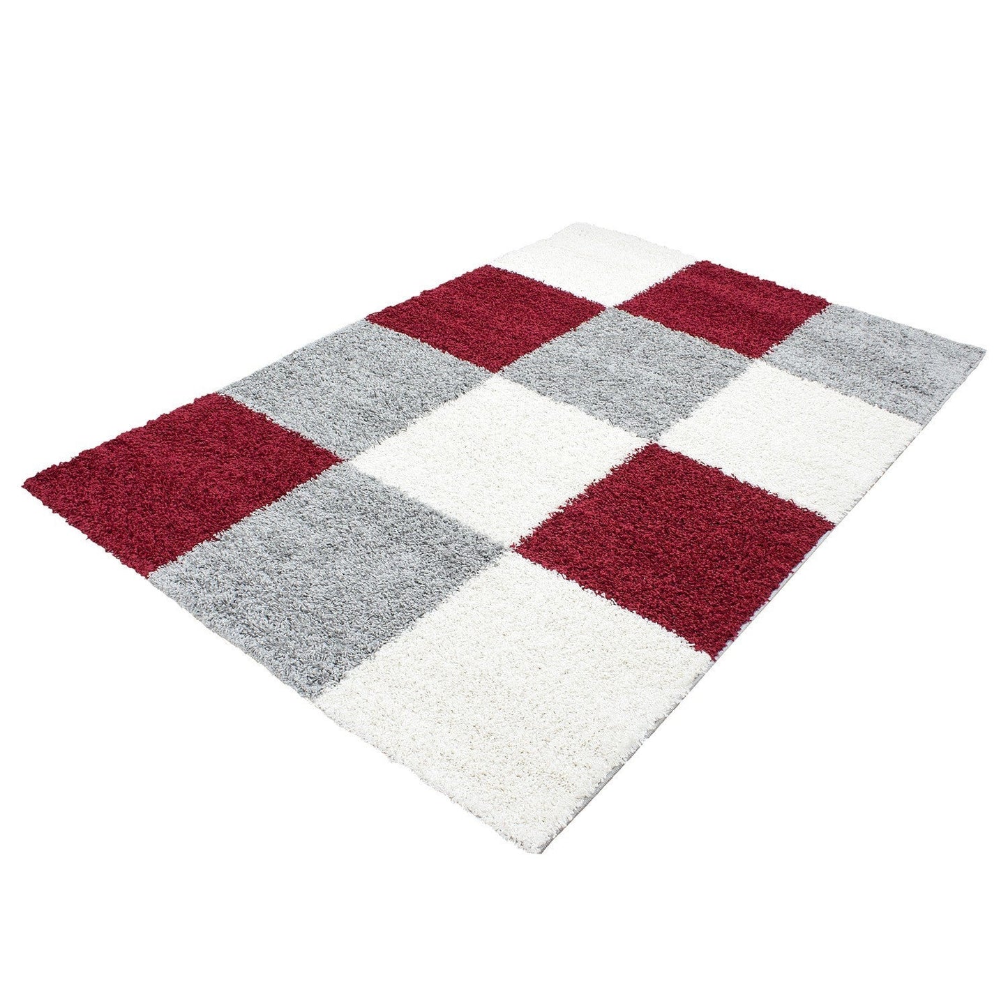 Hochflor Langflor Wohnzimmer Shaggy Teppich kariert Rot Weiss Grau