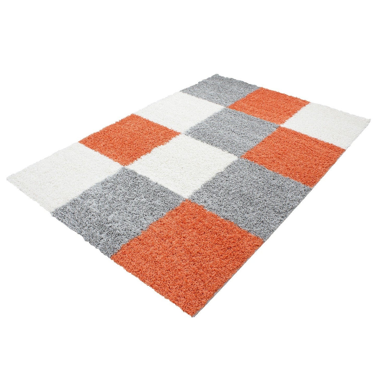 Hochflor Langflor Wohnzimmer Shaggy Teppich kariert Terrakotta Weiss Grau